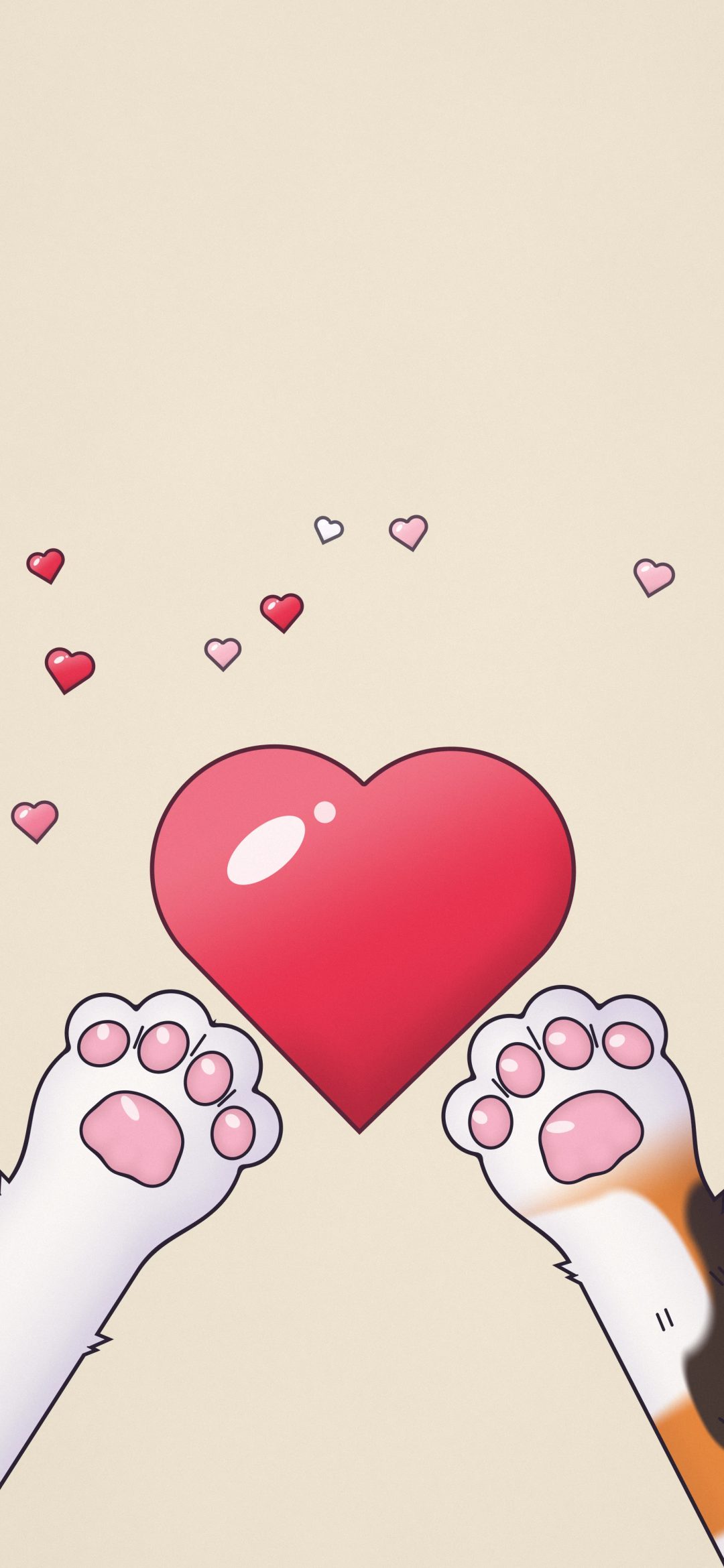 Two Paws Hold a Heart: a white paw and a calico paw reach in from both sides to hold up a big glossy red heart on warm cream, iPhone wallpaper