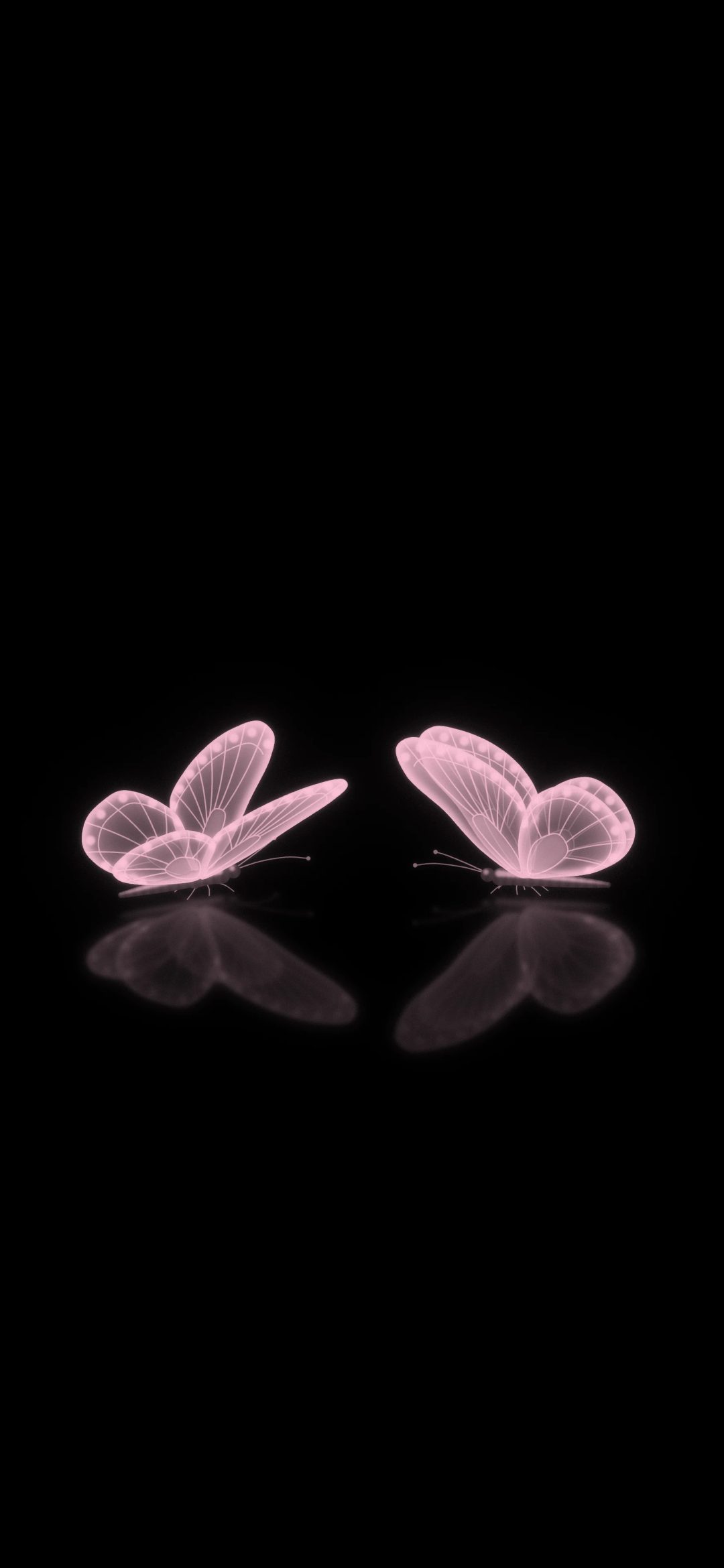 Two Pink Glow Butterflies: two glowing pink butterflies face each other on a black mirror, their reflections fading below, iPhone wallpaper