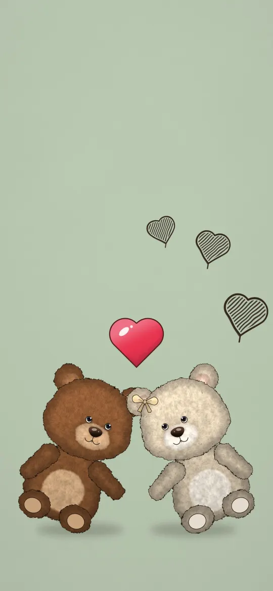 Two Teddies in Love: a brown teddy and a cream teddy with a bow lean their heads together under a glossy red heart on sage green, iPhone wallpaper