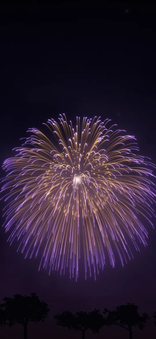 Violet Chrysanthemum Firework: one huge chrysanthemum firework with gold trails turning violet fills a dark purple sky above trees, iPhone wallpaper