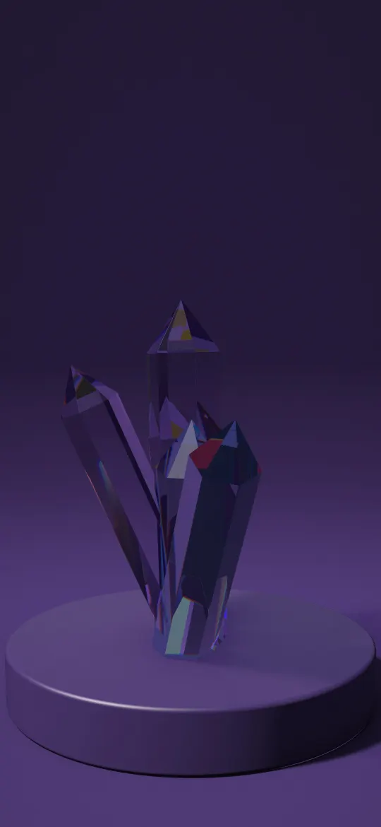 Violet Crystal Spire: tall glass crystals in violet, ice blue and pink grow from a plinth on a deep purple stage, sparkling with spectral edges, iPhone wallpaper