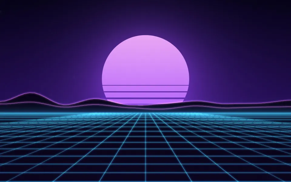 Violet Dream Highway: a lilac and violet striped sun rests on a blue neon grid that stretches to the horizon below pink-rimmed mountains, Mac wallpaper