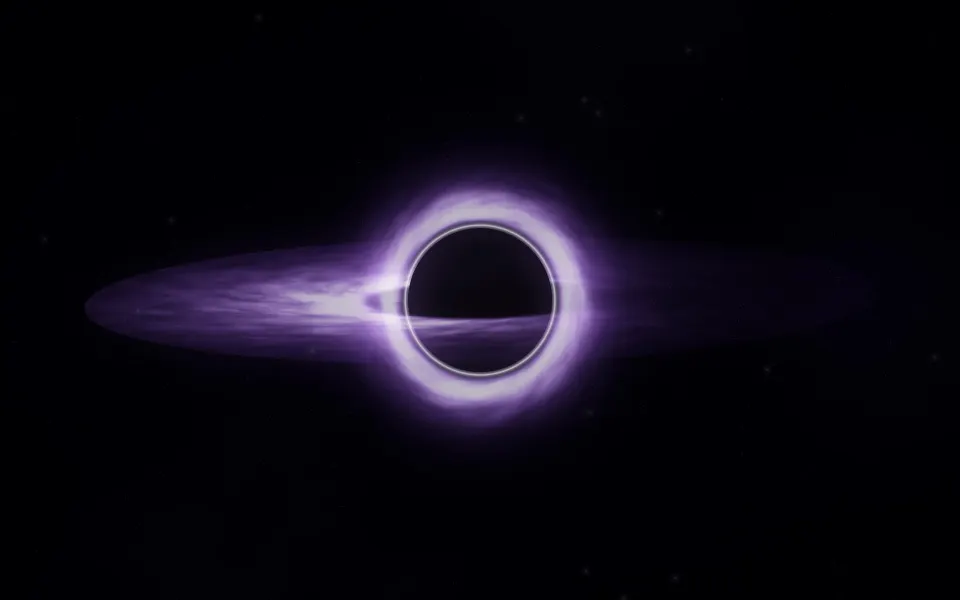 Violet Gravity Well: a violet glowing disc of gas circles a perfectly dark shadow, its light bent around the black hole into a thin bright ring, Mac wallpaper