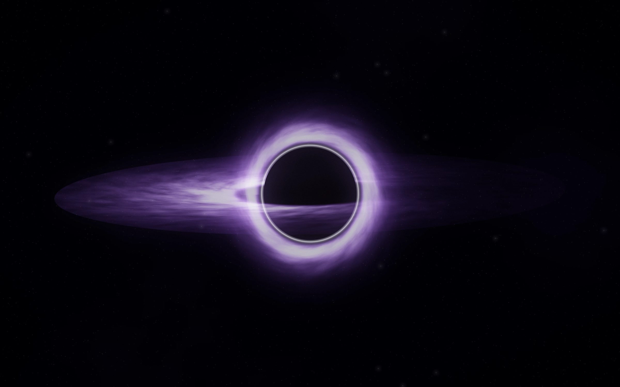 Violet Gravity Well: a violet glowing disc of gas circles a perfectly dark shadow, its light bent around the black hole into a thin bright ring, Mac wallpaper