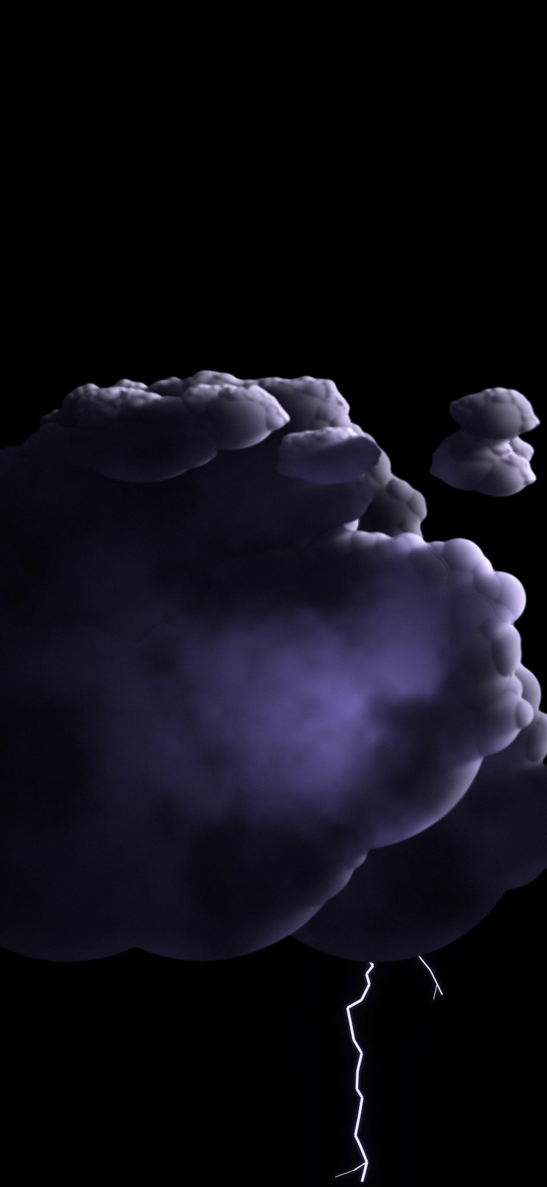 Violet Lightning Cloud: a dark violet storm cloud glows from within as a thin bolt of lightning strikes below it, iPhone wallpaper
