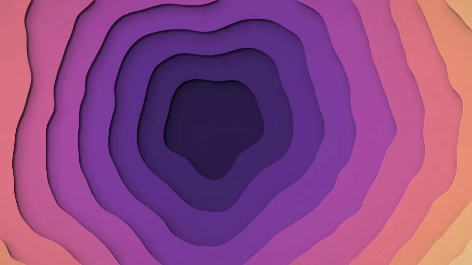 Violet Paper Tunnel: eleven cut paper layers step down from cream and peach through pink and violet into a deep purple hollow, shadow on shadow, PC wallpaper