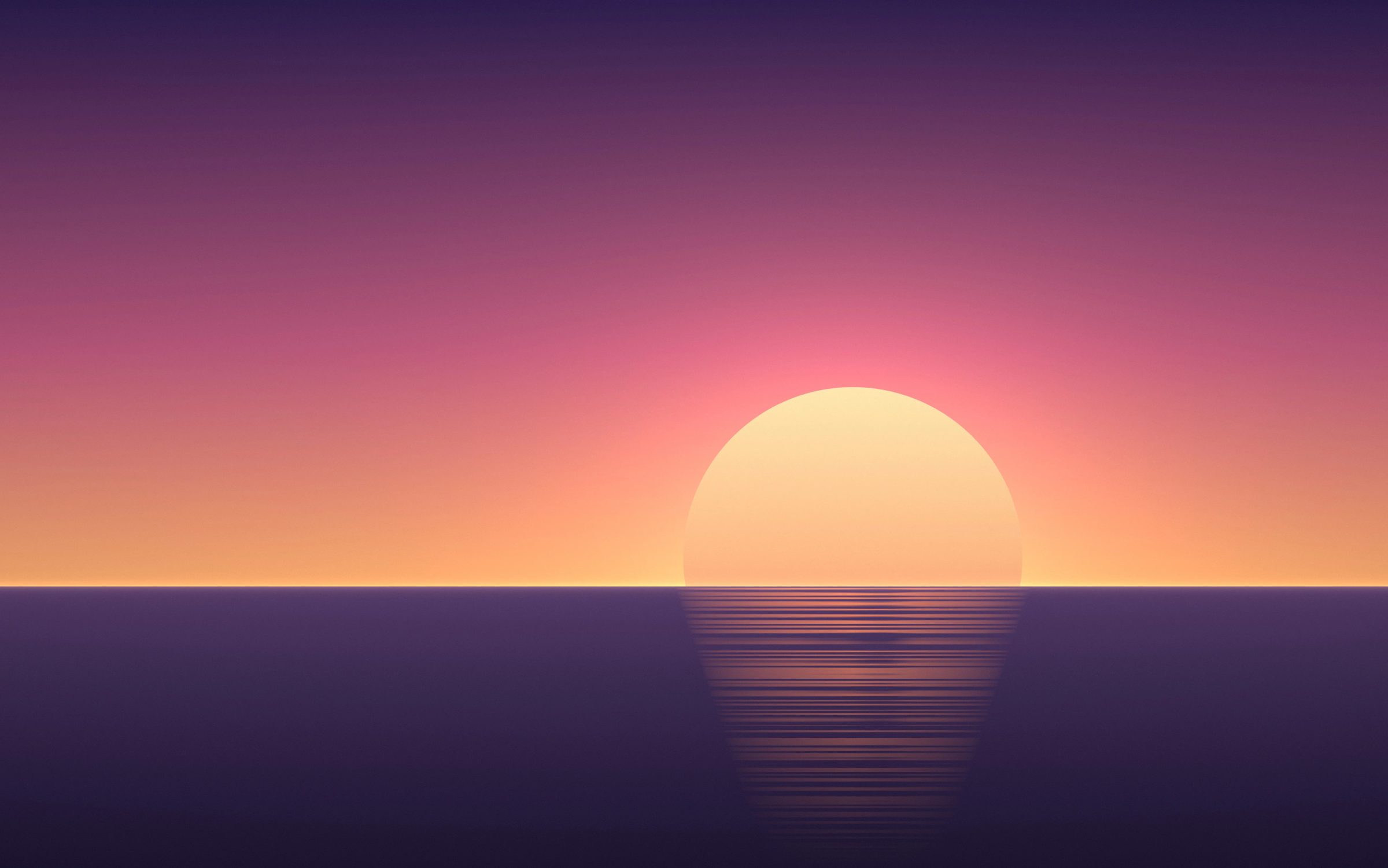 Violet Sea Sunset: a large golden sun sinks into a calm violet sea, its reflection breaking into soft streaks on the water, Mac wallpaper