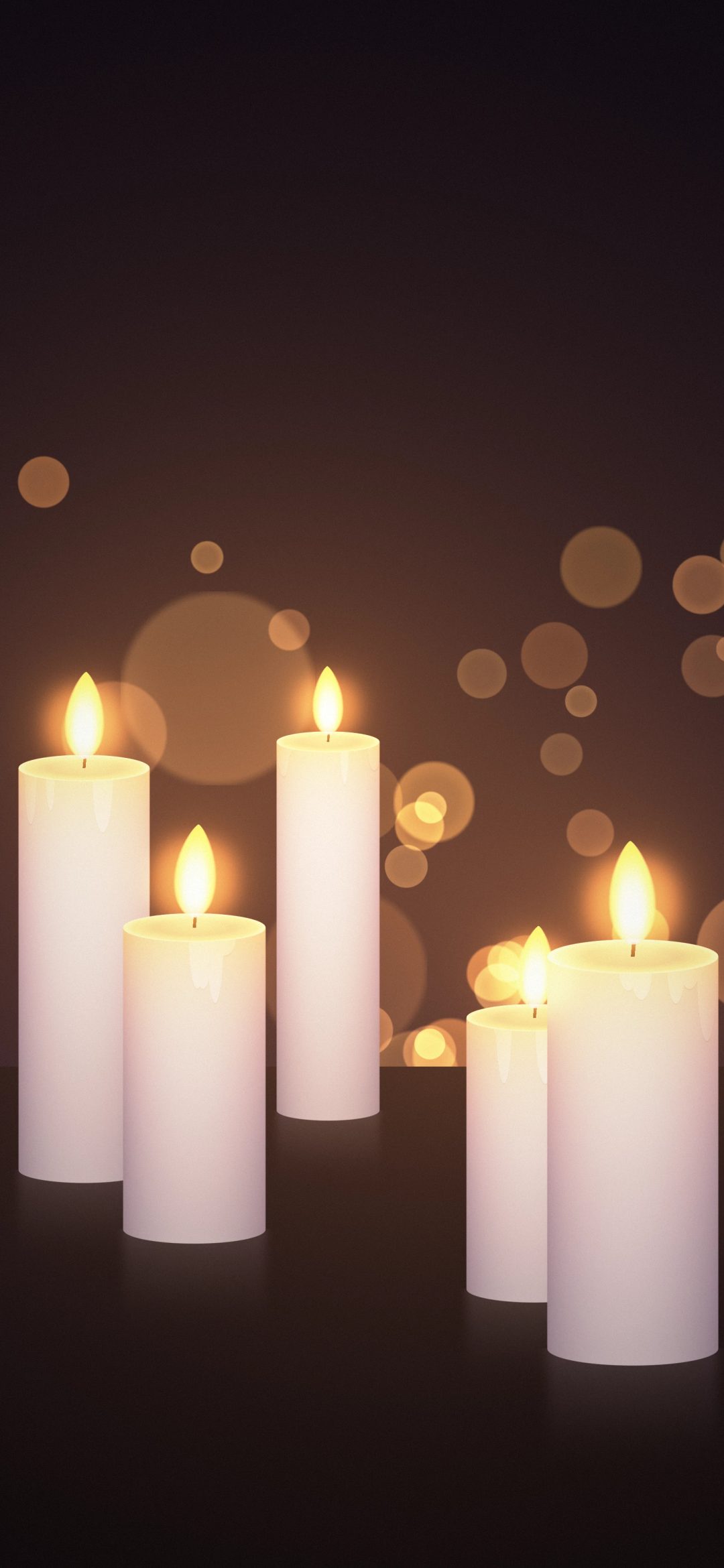 Violet Wax Candles: five lilac pillar candles of different heights burn with golden flames on a dark violet table, with soft orange bokeh glowing behind, iPhone wallpaper