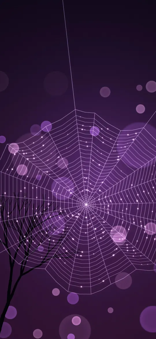 Violet Web Glow: a round spider web beaded with pink dew drops glows in violet light over a dark bare twig, with soft purple and magenta bokeh all around, iPhone wallpaper