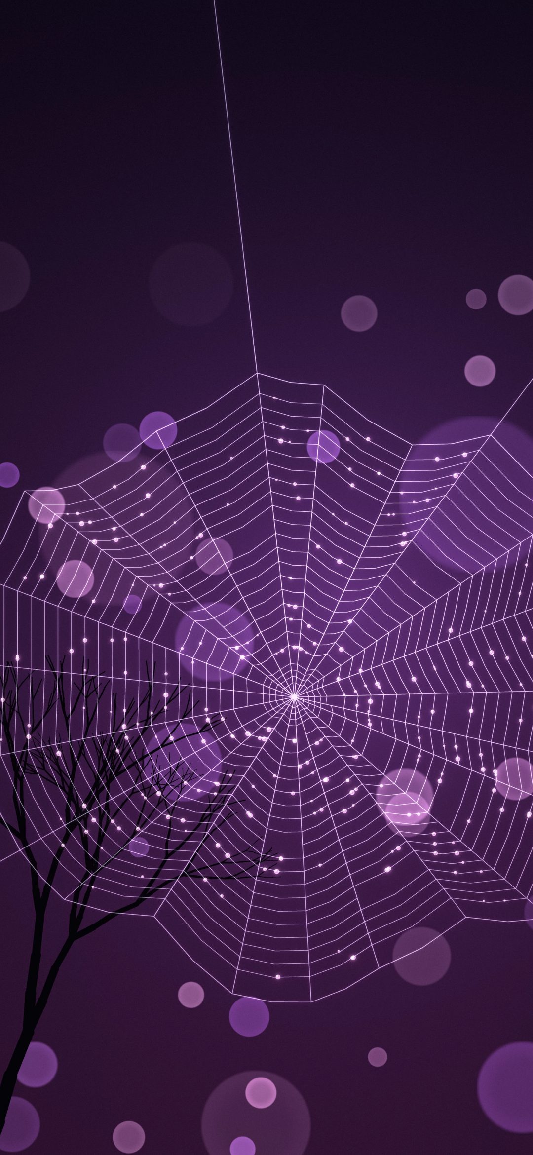 Violet Web Glow: a round spider web beaded with pink dew drops glows in violet light over a dark bare twig, with soft purple and magenta bokeh all around, iPhone wallpaper