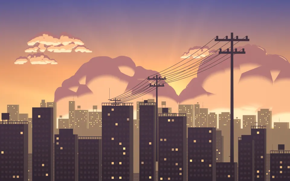 Warm Evening Skyline: a low amber sun glows behind a wide city skyline, clouds lit from below and power lines dark against the warm evening sky, Mac wallpaper