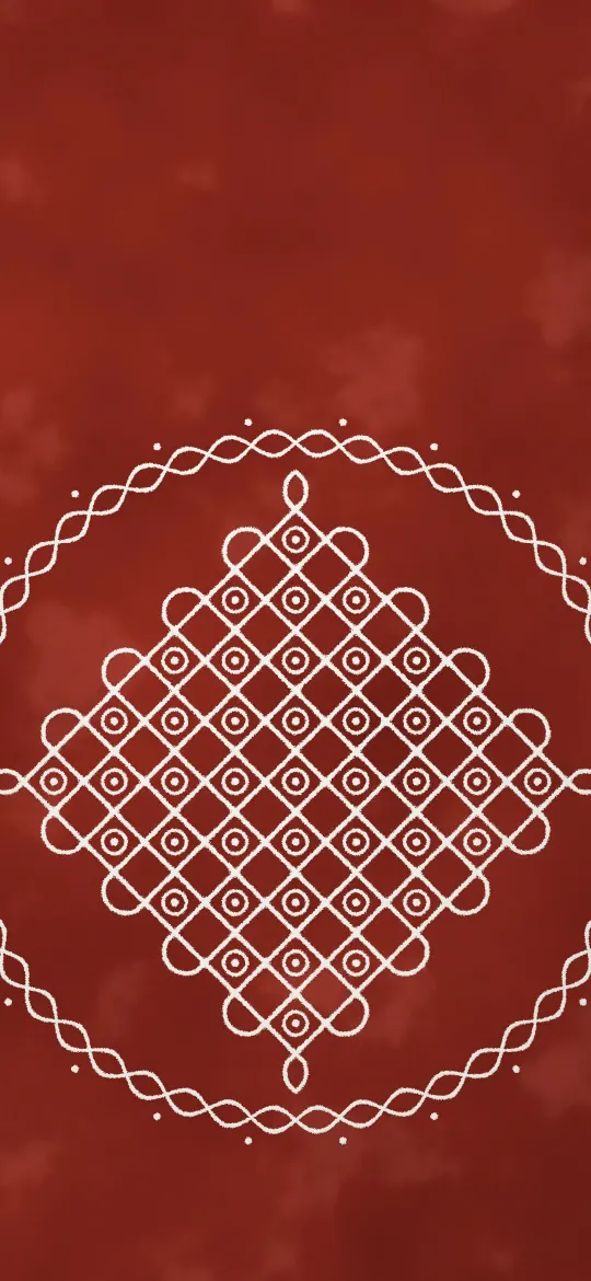 White Kolam on Red Floor: a white rice-flour kolam of weaving lines around a grid of dots fills a deep red floor, iPhone wallpaper
