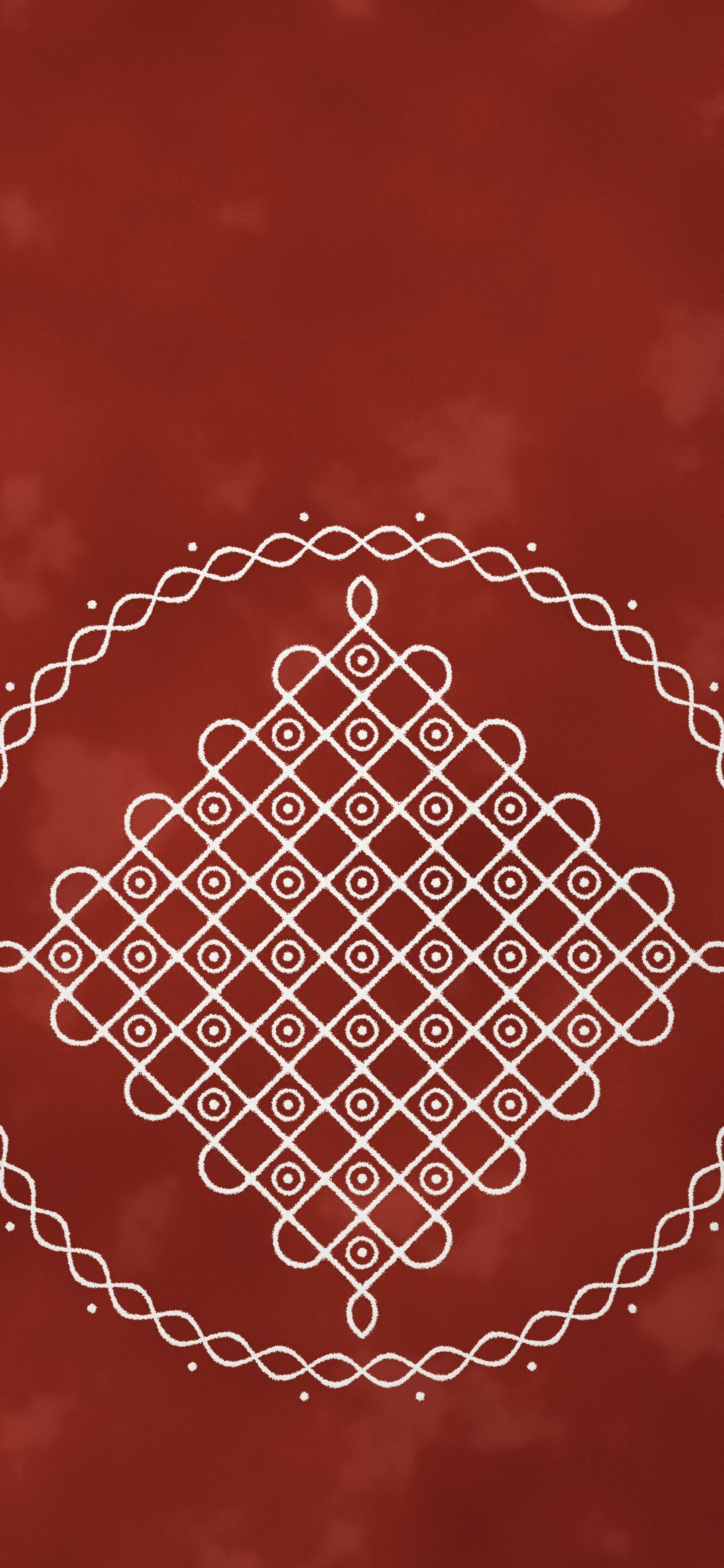 White Kolam on Red Floor: a white rice-flour kolam of weaving lines around a grid of dots fills a deep red floor, iPhone wallpaper