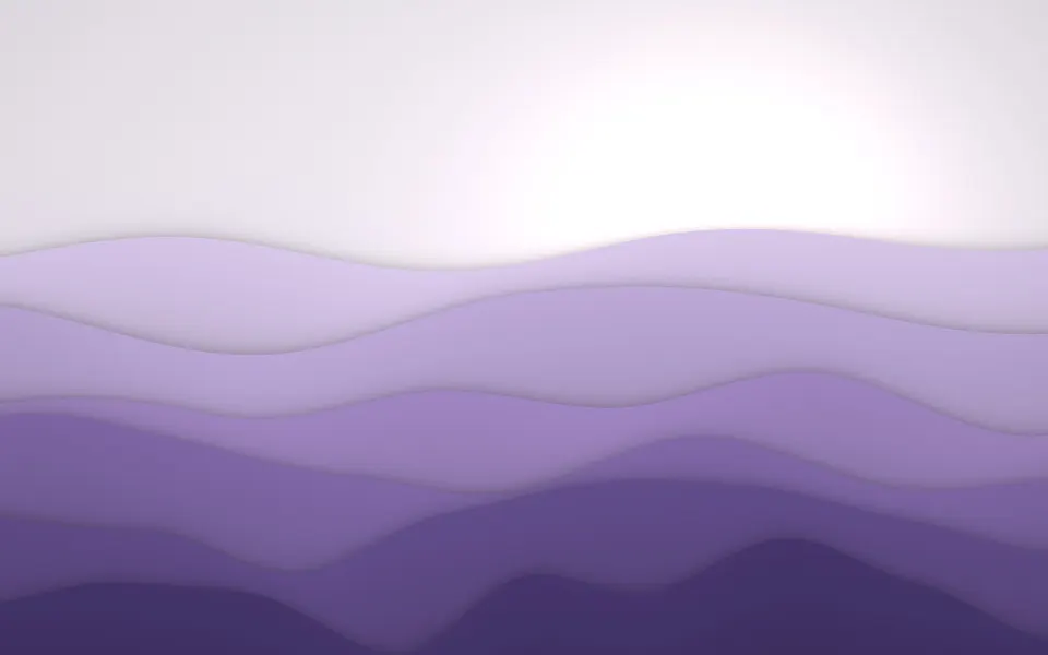 Wisteria Ridge Layers: soft wisteria and violet ridges layer toward a pale glowing sky, each fold casting a gentle shadow on the next, Mac wallpaper