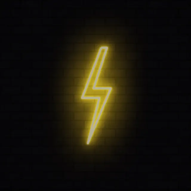 Yellow Bolt Sign: a yellow neon lightning bolt buzzes on a dark brick wall, its warm glow spreading across the rough bricks around it, iPad wallpaper