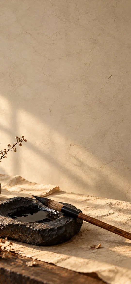 Traditional wooden calligraphy brush resting beside a dark stone inkstone filled with black ink on aged beige paper.