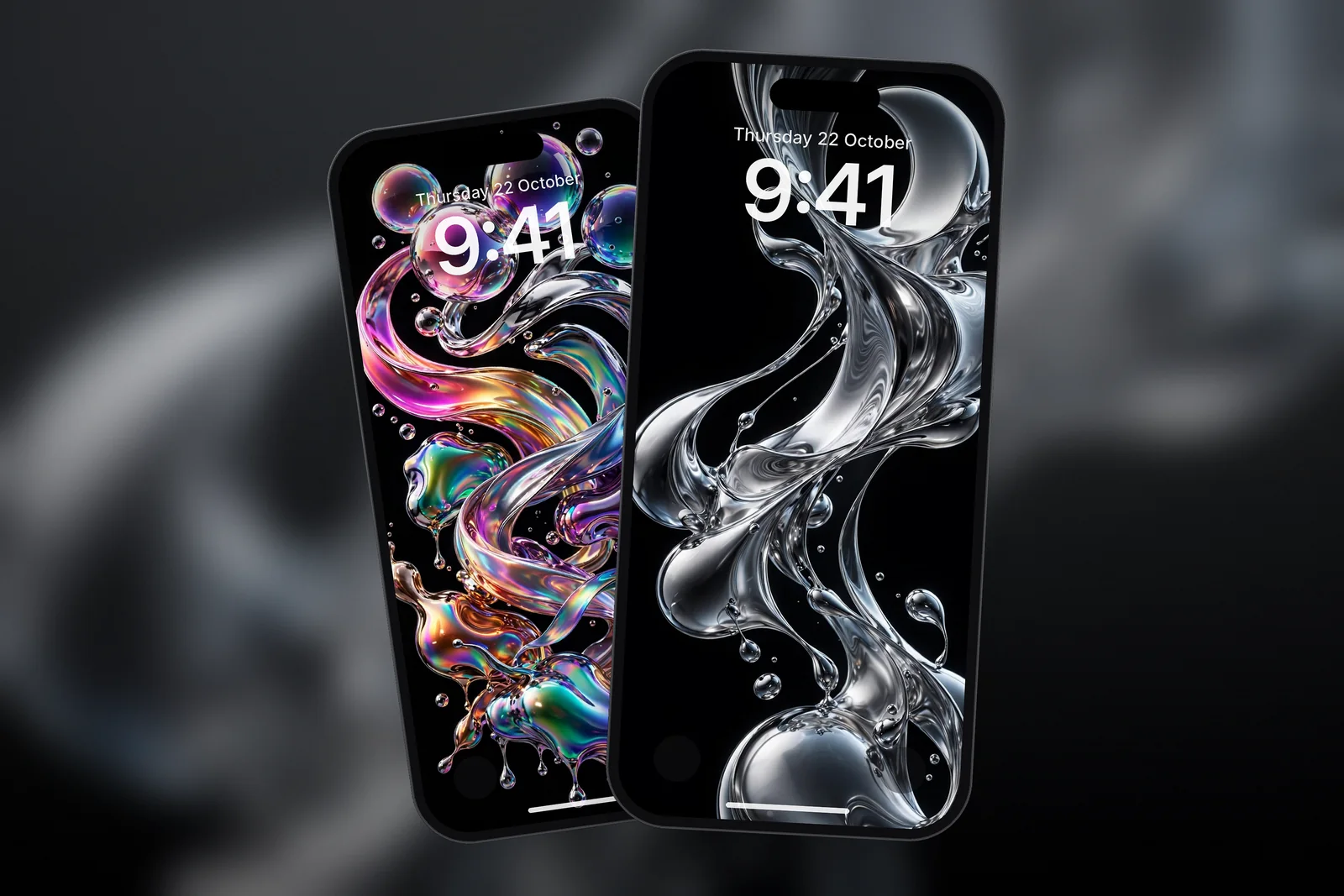 A phone Lock Screen showing the Dynamic Liquid Glass Chrome Splash OLED wallpaper, with a second phone showing the Holographic Chrome Bubbles Ribbons wallpaper behind it