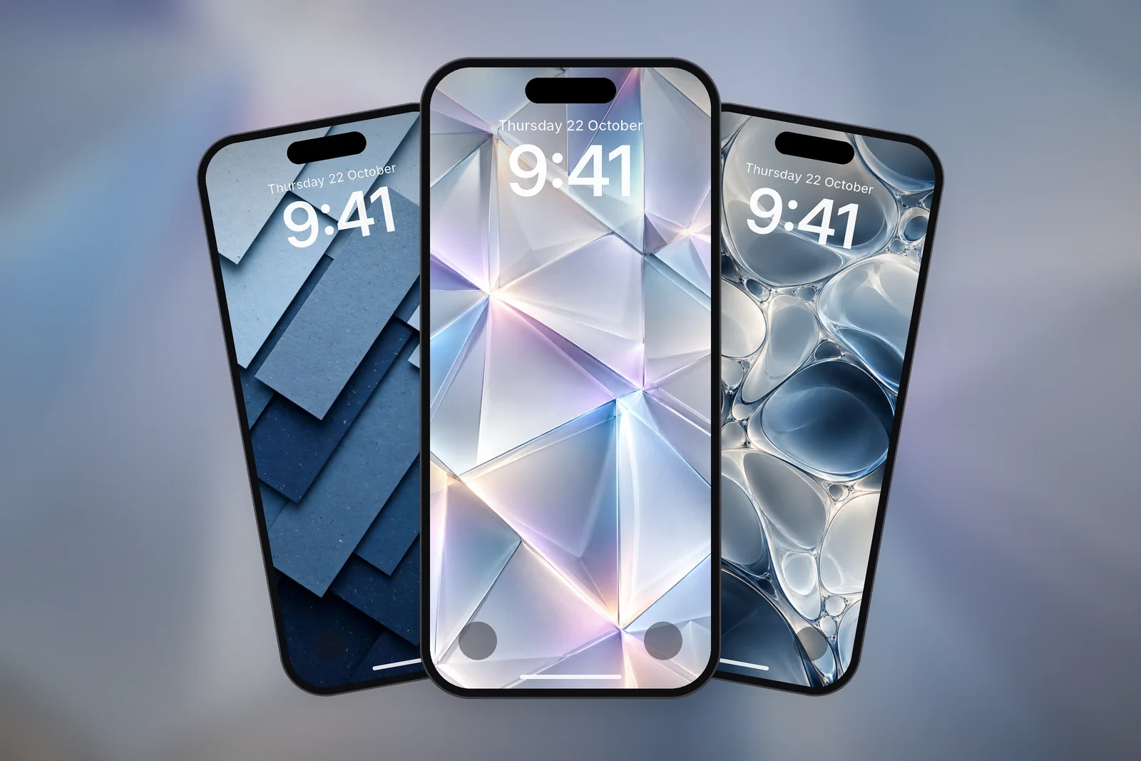 Three phones showing the Translucent Prism, Minimalist Blue Geometric Layers Abstract and Cellular Pattern wallpapers