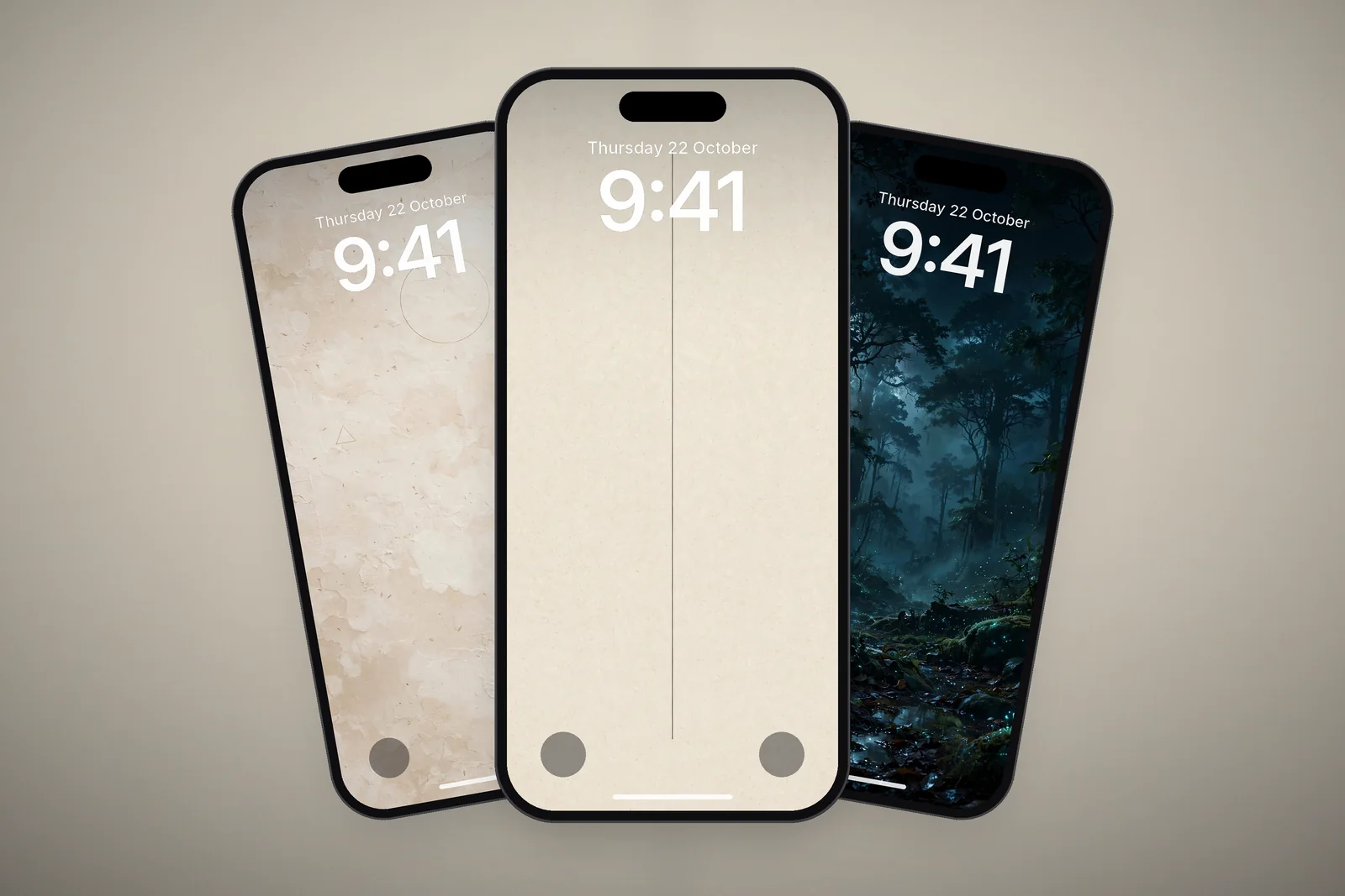 Three phones showing the Minimalist Vertical Fine Line on Cream Paper, Wabi Sabi Beige Textured Minimal and Bioluminescent Ancient Forest Night wallpapers
