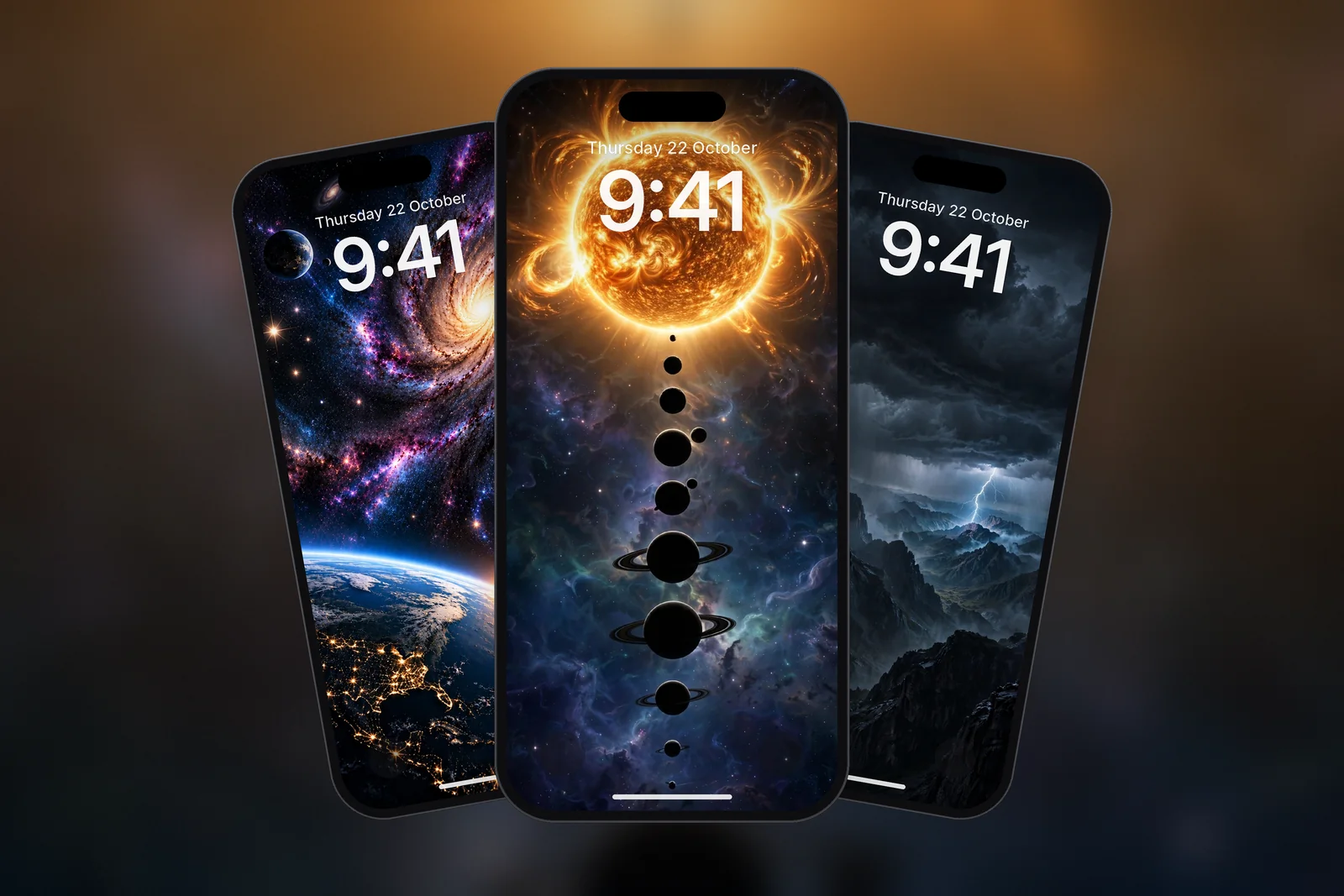 Three phones showing the Solar System Sun, Space Galaxy and Night Thunderstorm Mountain Lightning wallpapers