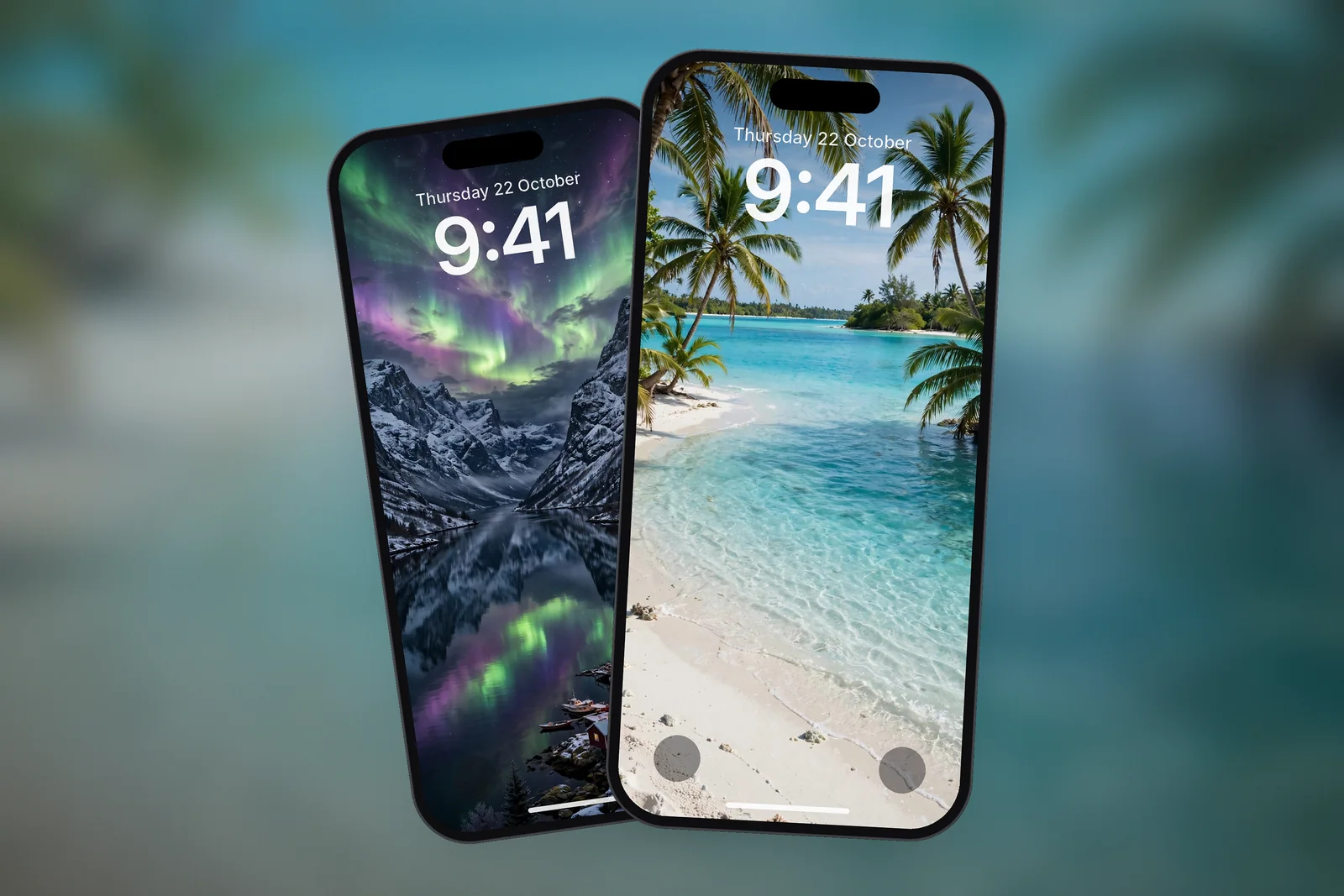 A phone Lock Screen showing the Tropical Beach Lagoon & Palm Trees wallpaper, with a second phone showing the Northern Lights Aurora Over Norwegian Fjord Village wallpaper behind it