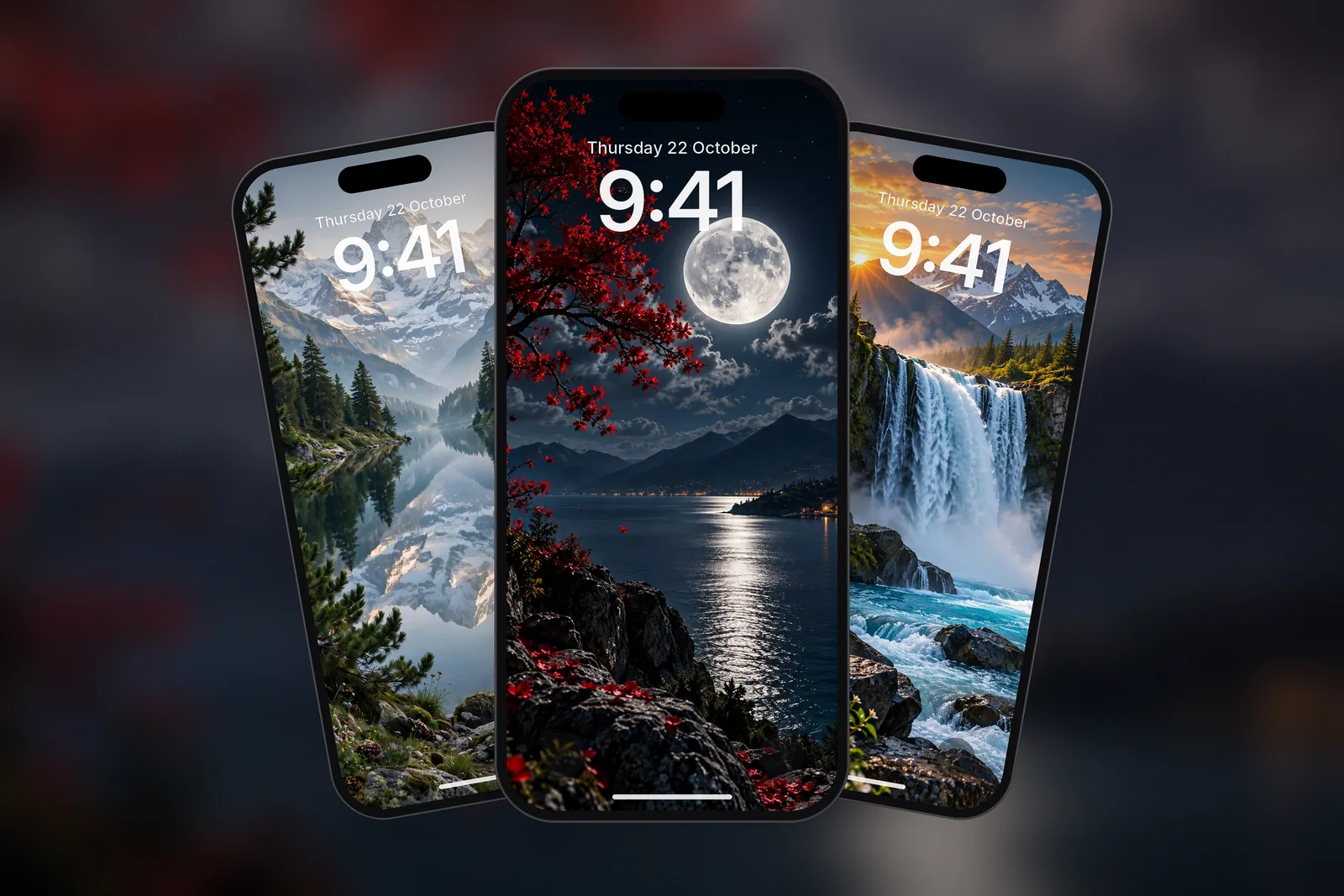 Three phones showing the Moonlit Lake, Alpine Mountain Lake Reflection & Pine Forest and Waterfall Mountain wallpapers