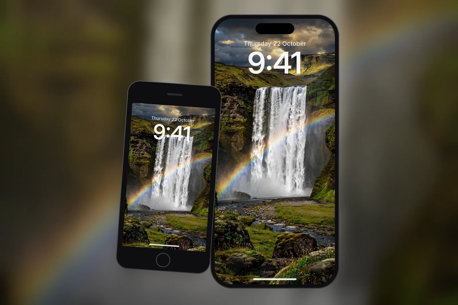 A large and a small iPhone showing the Icelandic Waterfall with Rainbow Landscape wallpaper, each cut to its own screen size