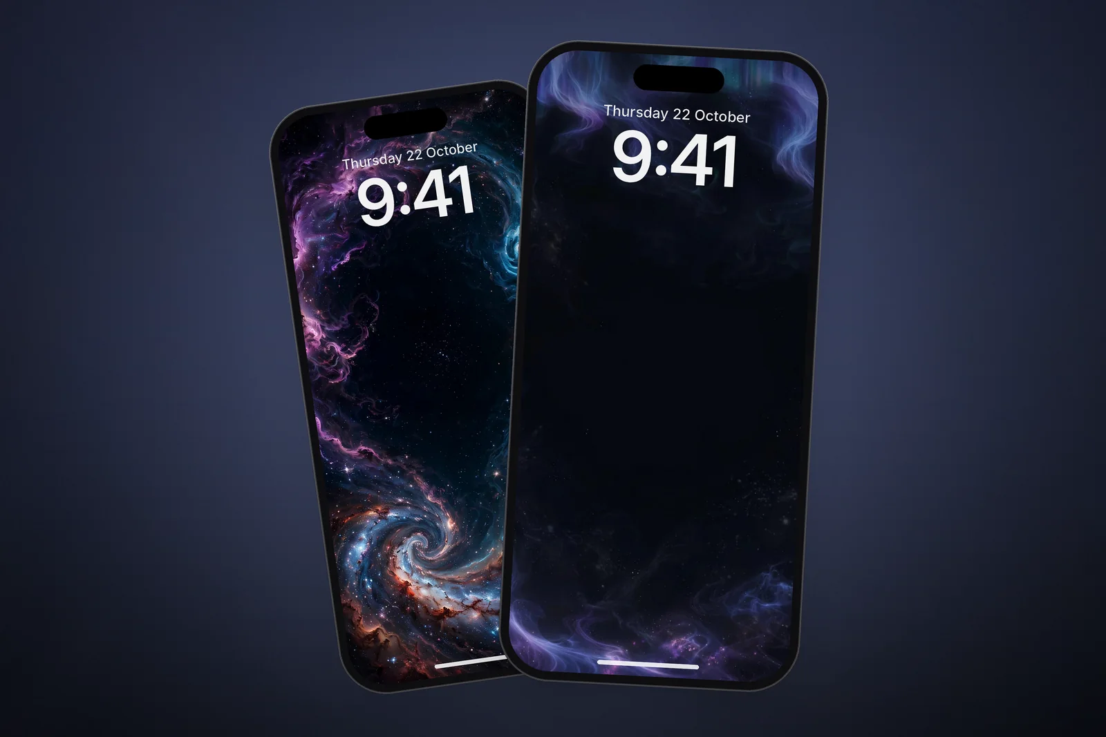 A phone Lock Screen showing the Ethereal Aurora Borealis Night Sky OLED wallpaper, with a second phone showing the Deep Space Nebula Vortex Galaxy OLED wallpaper behind it