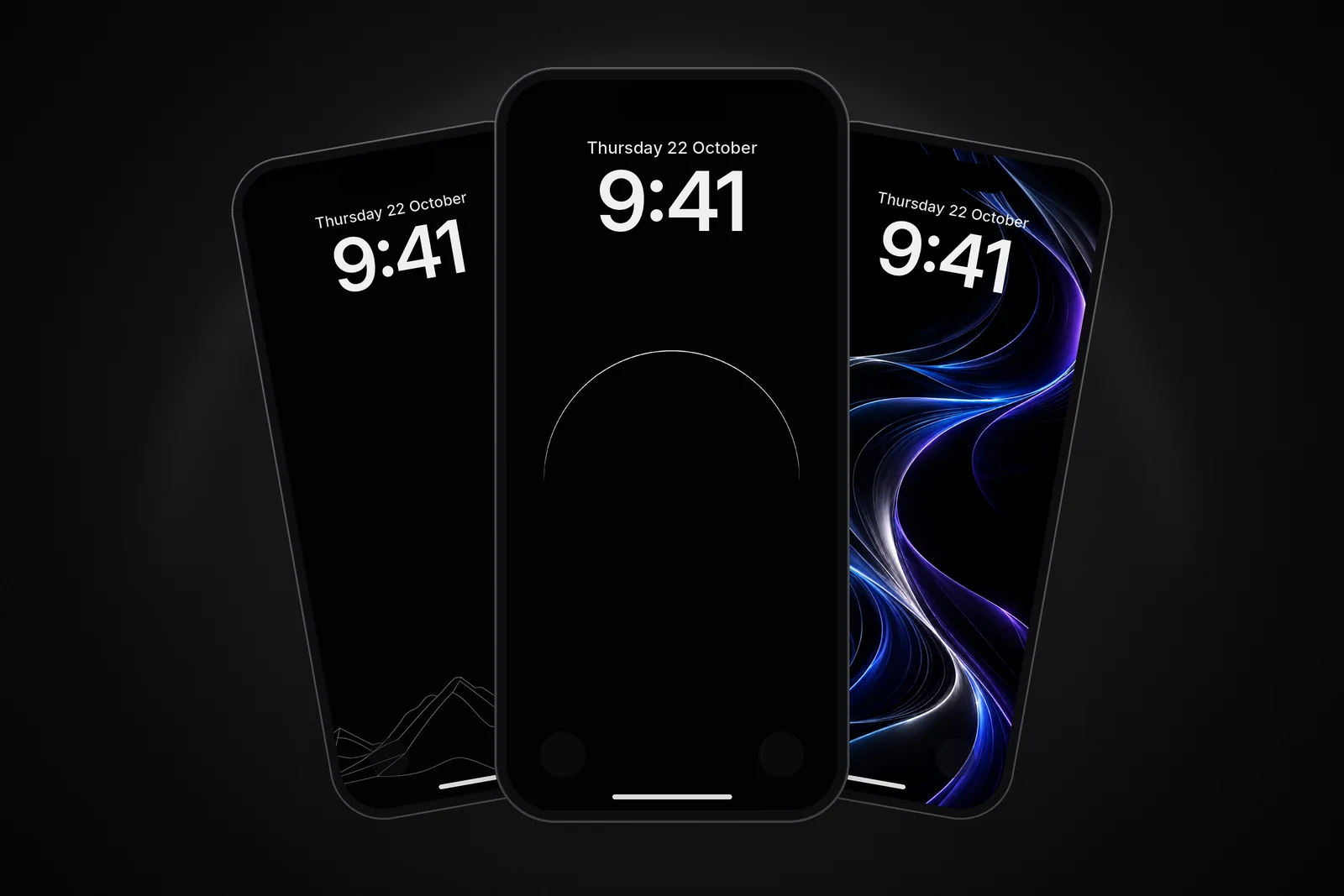 Three phones showing the Pure Black OLED Minimal Arch, Minimalist Wireframe Mountain Peaks Black and AMOLED Liquid Lines wallpapers