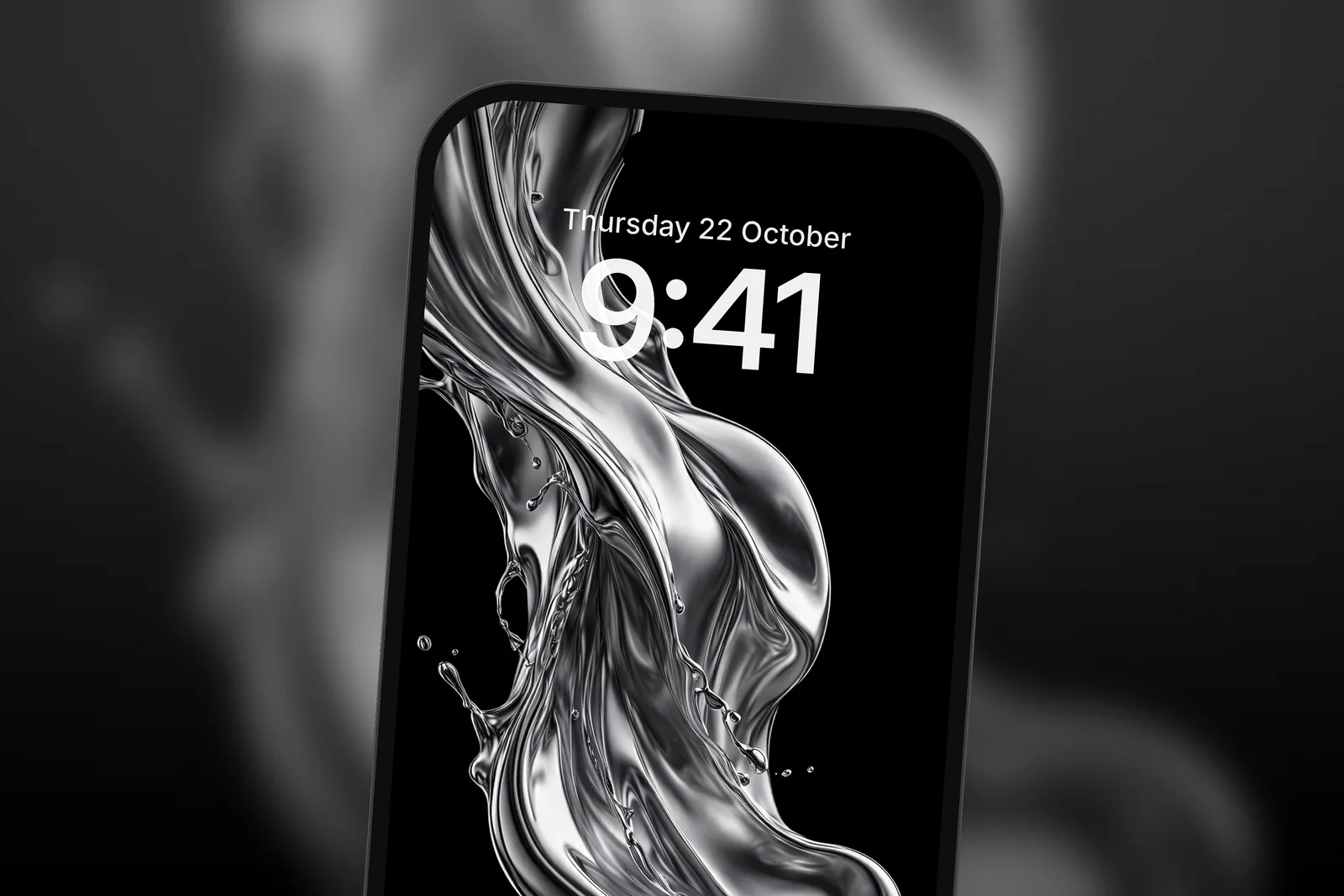 Close-up of an iPhone Lock Screen with the clock over the Liquid Chrome Splash Abstract 3D OLED wallpaper