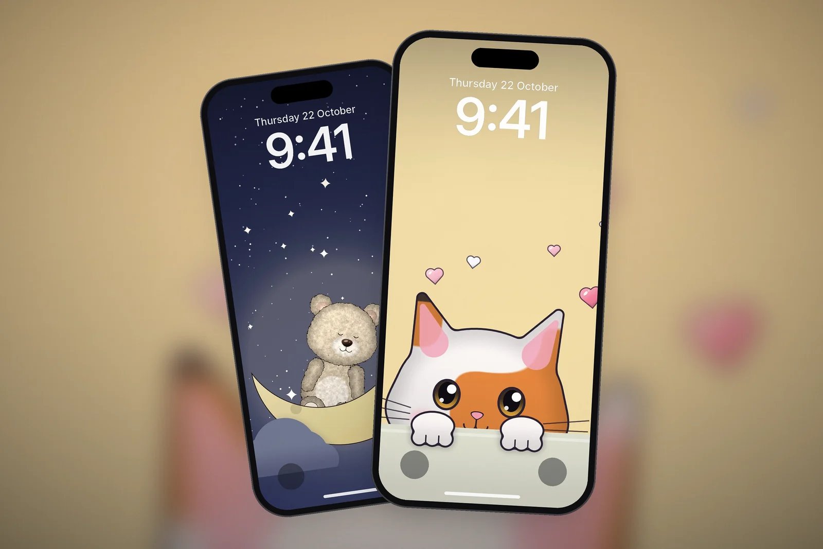 Peekaboo Calico Kitten and Sleepy Teddy on the Moon as iPhone Lock Screens