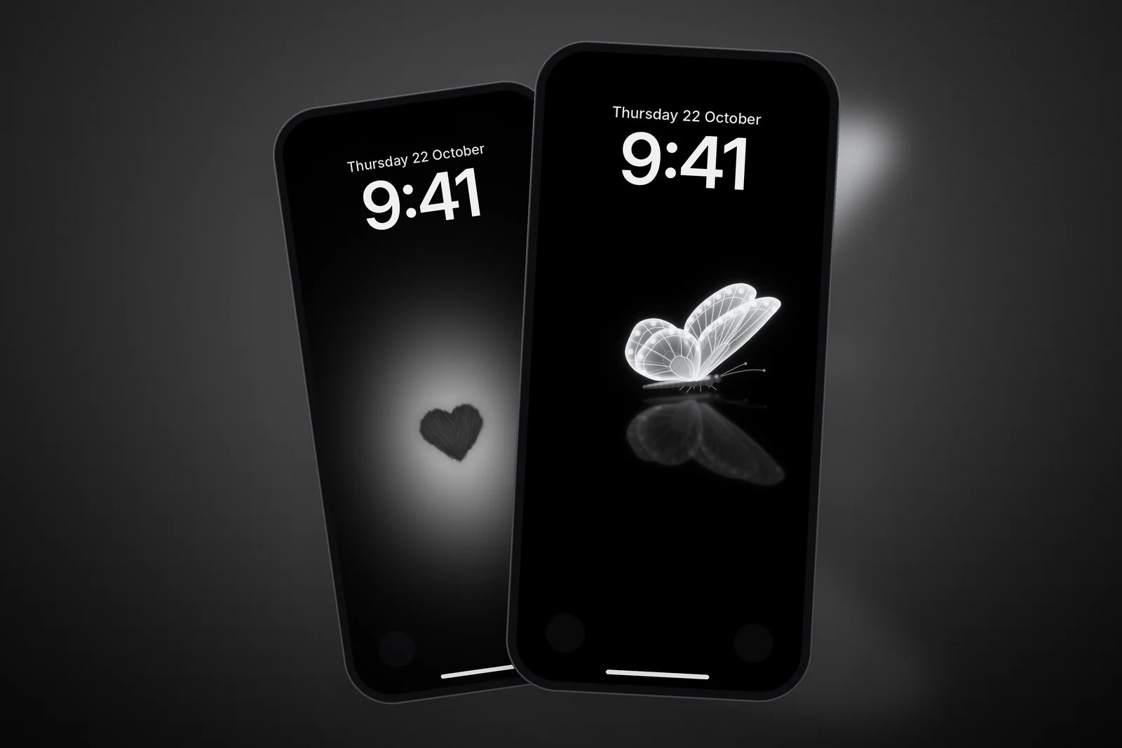 Glowing Butterfly Reflection and Charcoal Heart Glow as iPhone Lock Screens