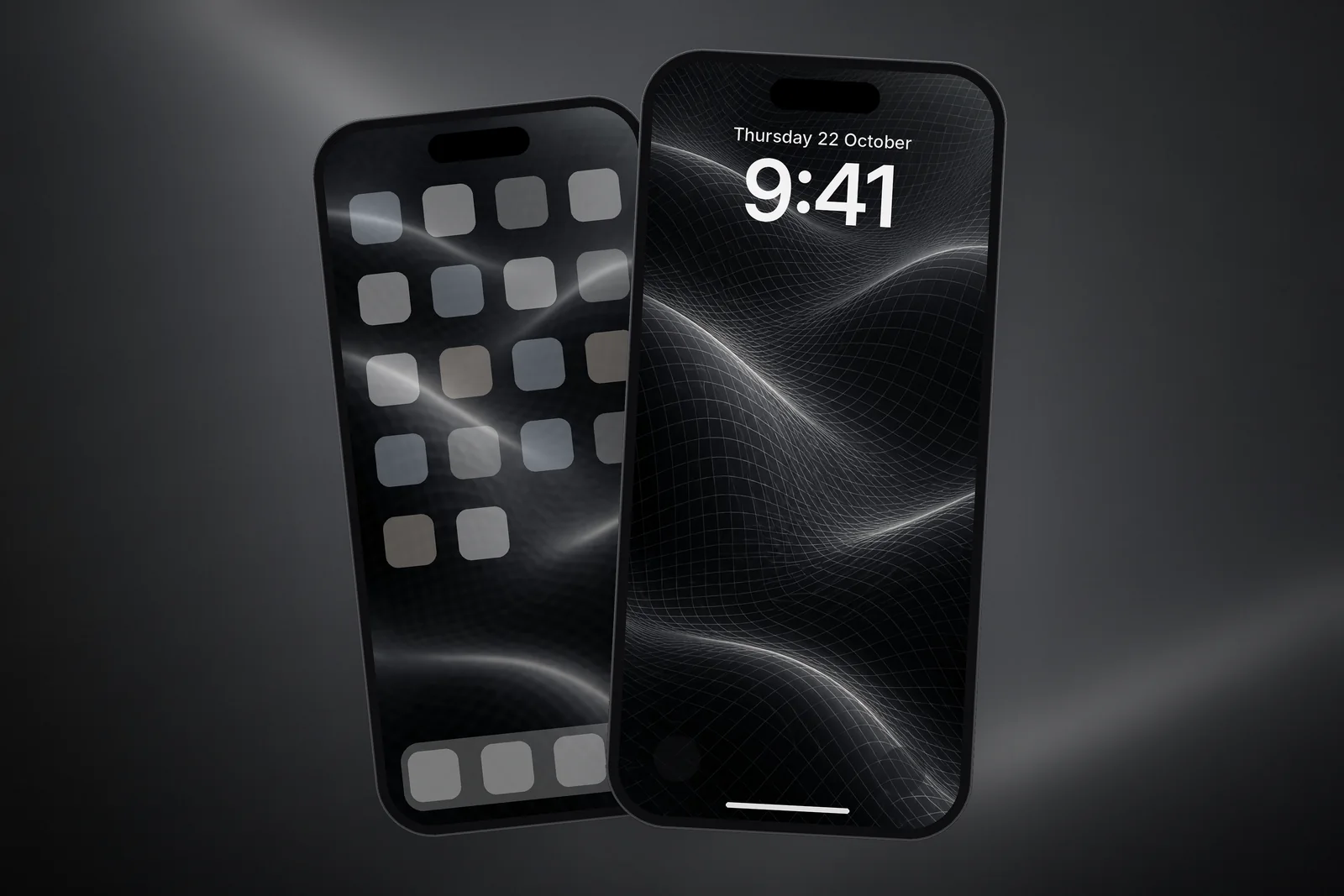 The dark wireframe waves wallpaper on a phone Lock Screen and, blurred behind the app icons, on its Home Screen