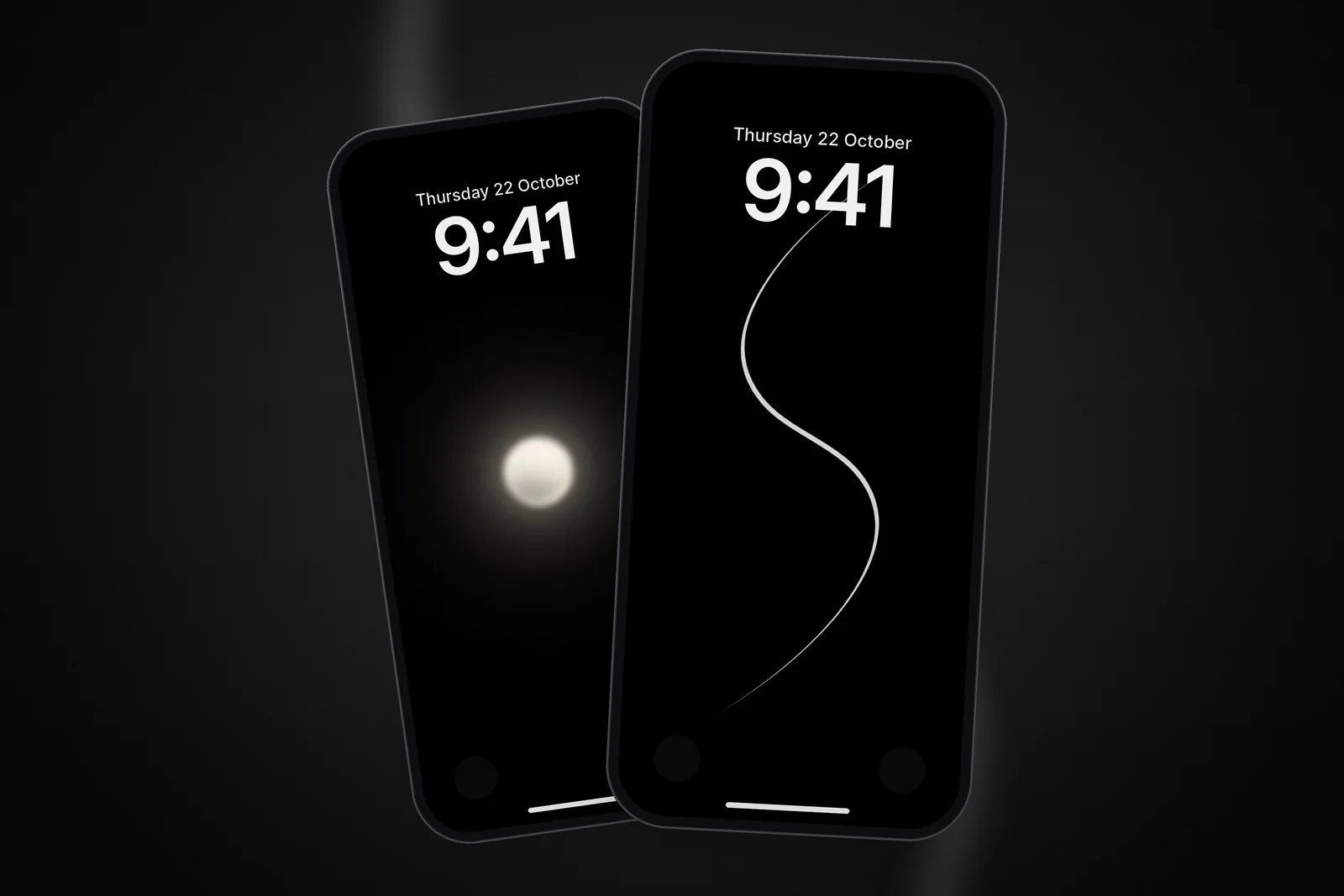 A phone Lock Screen showing the Minimal S-Curve Glowing White Line OLED wallpaper, with a second phone showing the Minimalist Glowing Light Orb on Pitch Black wallpaper behind it