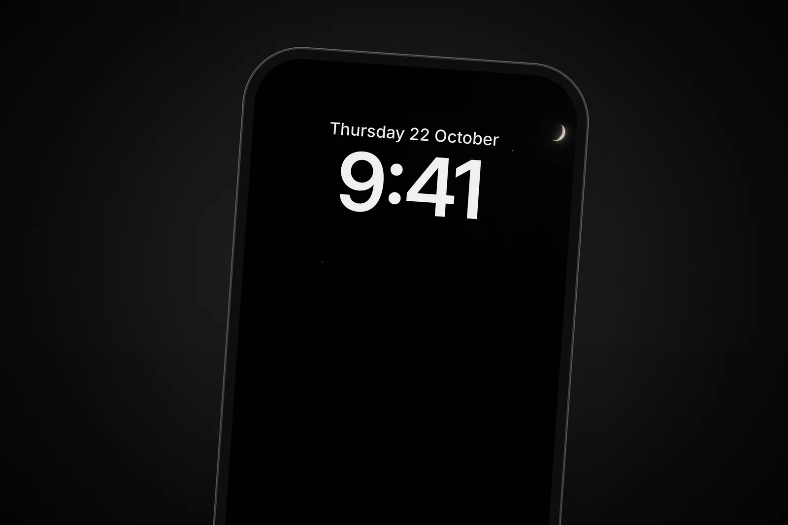 Close-up of an iPhone Lock Screen with the clock over the Dark Night Sky Crescent Moon & Tiny Stars wallpaper