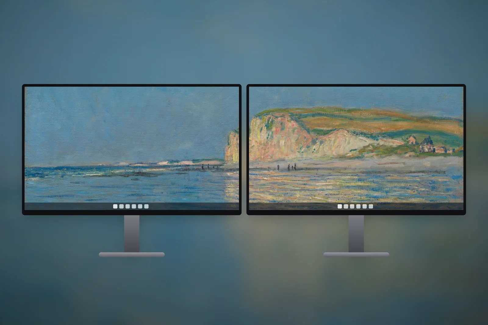 Two monitors side by side sharing the Low Tide Blue Coast wallpaper