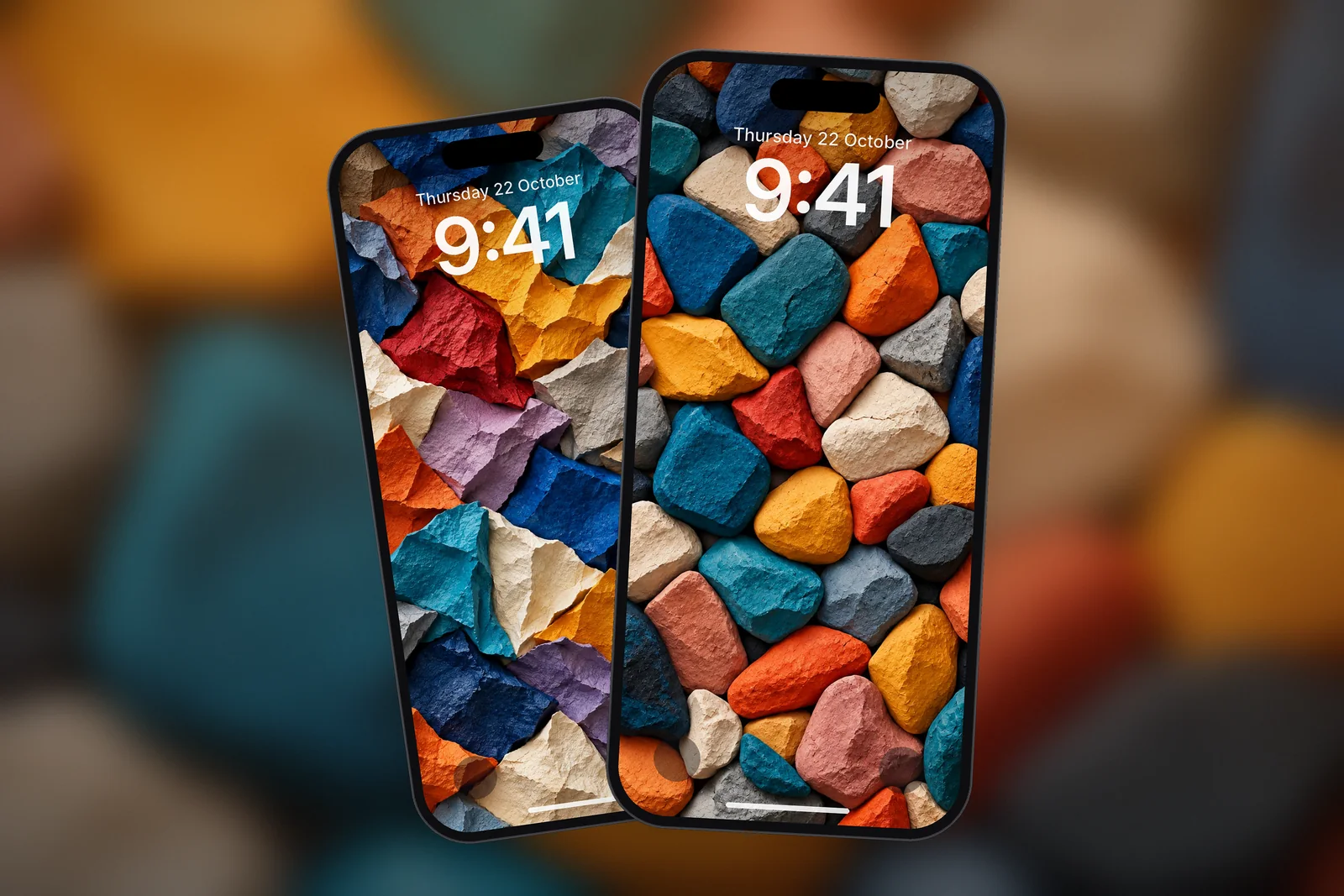 A phone Lock Screen showing the Colorful Clay Pebbles Abstract wallpaper, with a second phone showing the Colorful Folded Paper Mosaic wallpaper behind it
