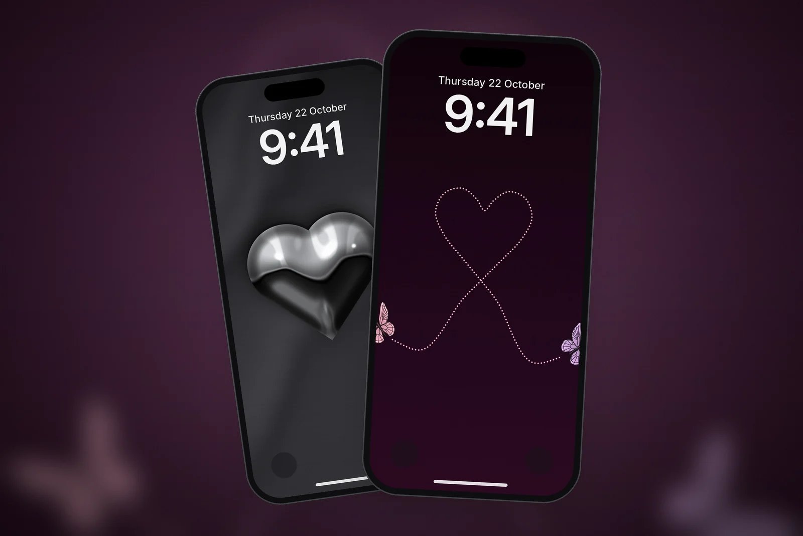 Two Butterflies, One Heart and Liquid Chrome Heart as iPhone Lock Screens