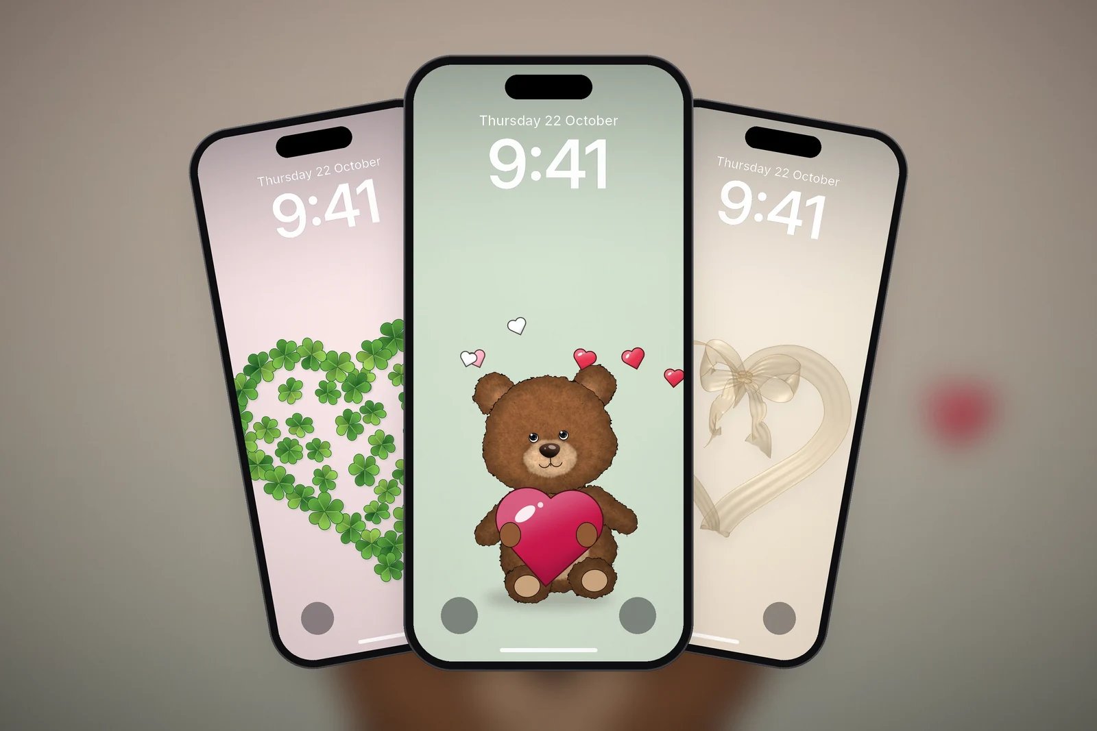 Teddy Hugging a Heart, Clover Heart and Champagne Ribbon Heart