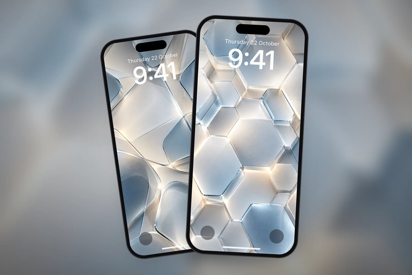 A phone Lock Screen showing the Minimal Hexagonal wallpaper, with a second phone showing the Frosted Glass Tiles wallpaper behind it