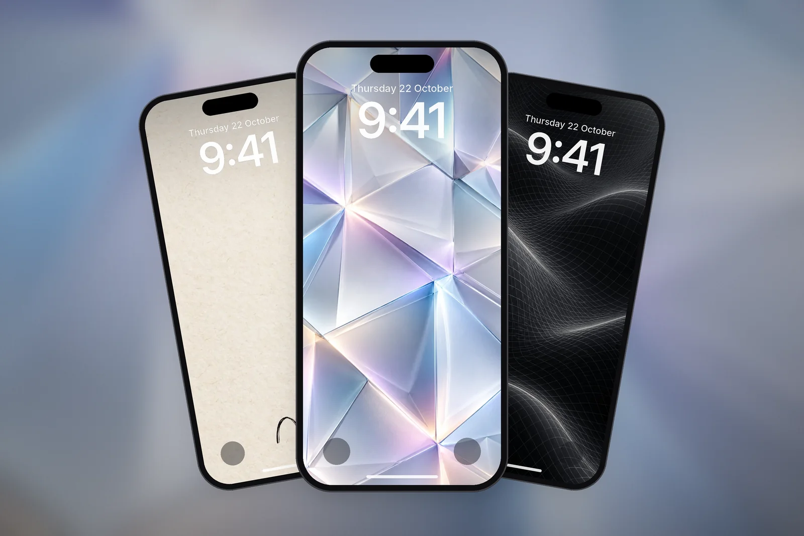 Three phones showing the Translucent Prism, Minimalist Arch Curve on Beige Textured Paper and Dark Wireframe Waves wallpapers