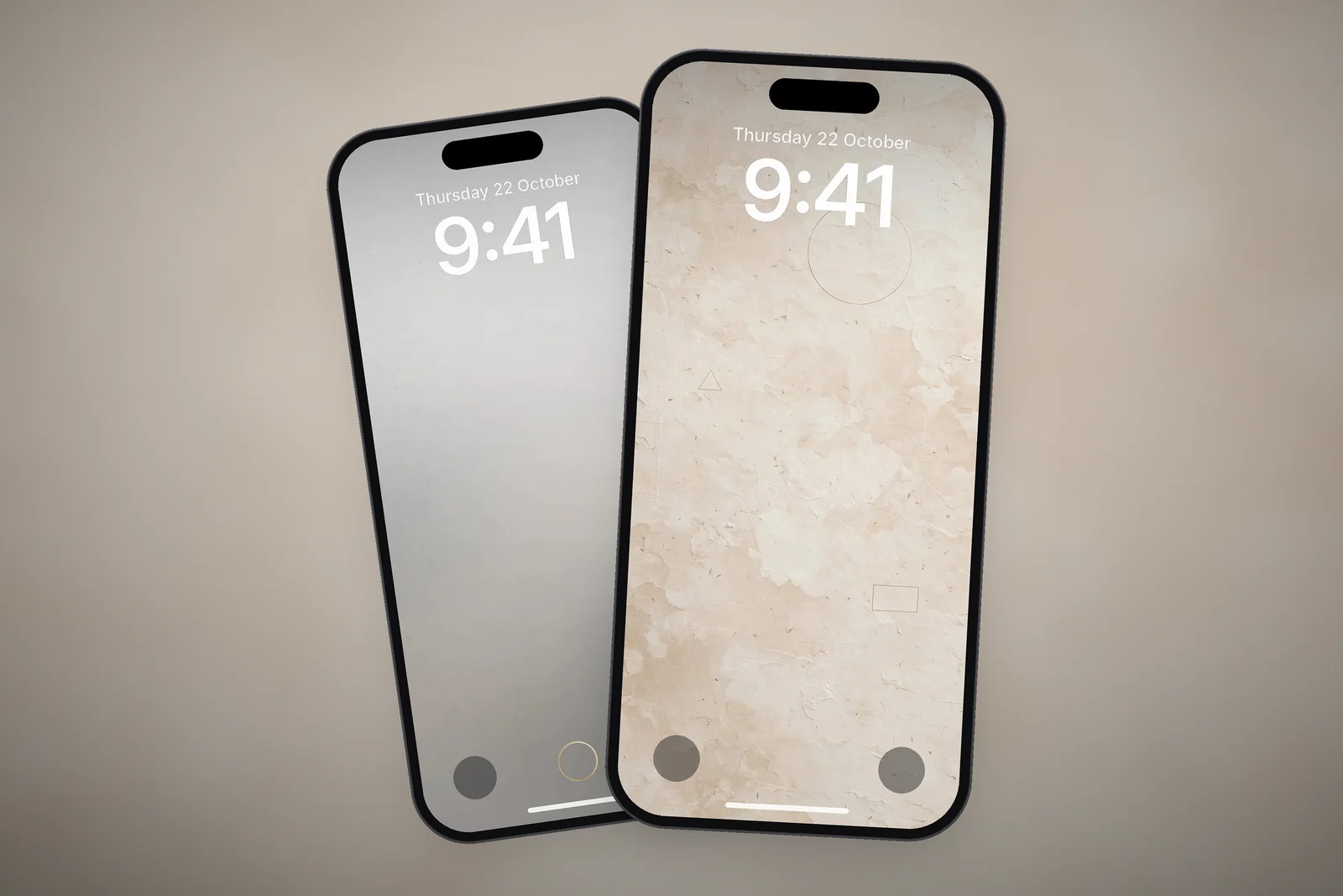 A phone Lock Screen showing the Wabi Sabi Beige Textured Minimal wallpaper, with a second phone showing the Minimal Zen Gray Gradient wallpaper behind it