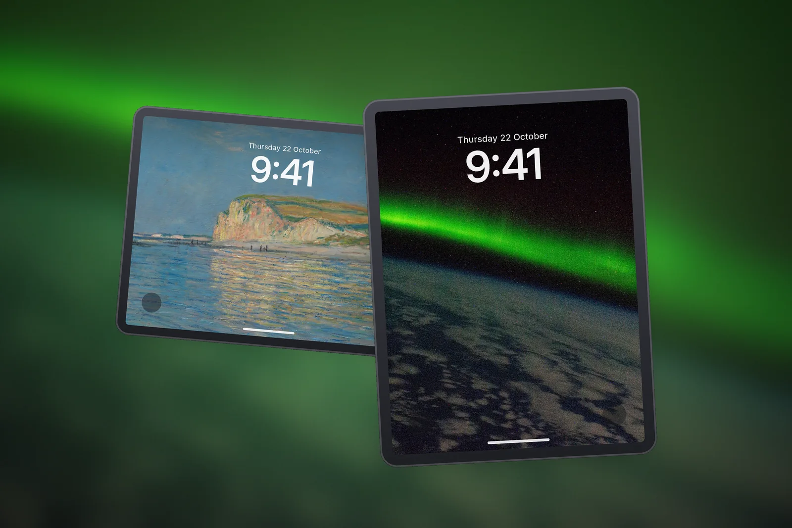 An iPad Lock Screen showing the Green Aurora Ribbon wallpaper, with a second iPad on its side showing the Seaside Chalk Cliff wallpaper