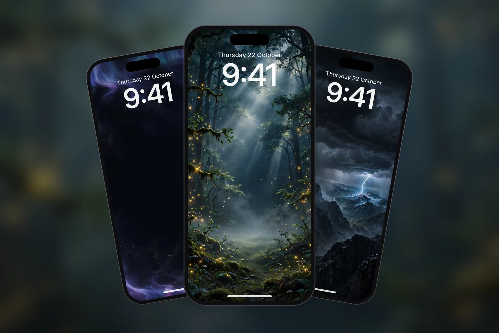 Three phones showing the Enchanted Magical Forest Fireflies, Ethereal Aurora Borealis Night Sky OLED and Night Thunderstorm Mountain Lightning wallpapers