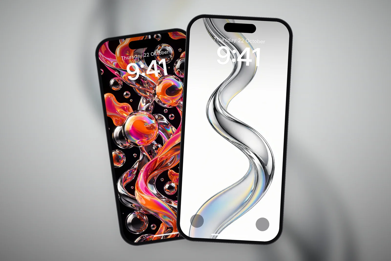 A phone Lock Screen showing the Minimalist Chrome Twist White wallpaper, with a second phone showing the Orange Pink Dark OLED Glossy Chrome Bubbles wallpaper behind it