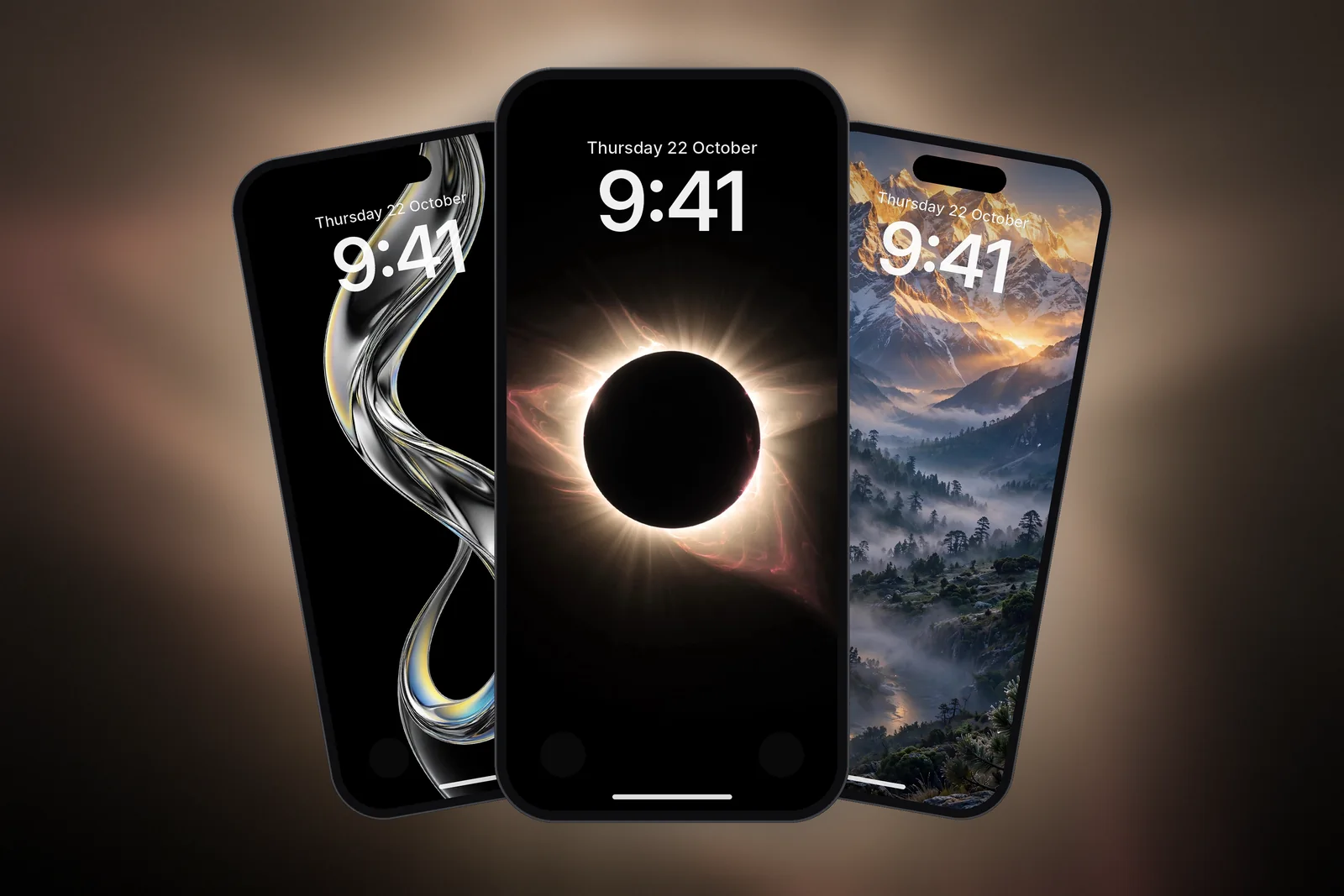 Three phones showing the Total Solar Eclipse Corona, Minimalist Chrome Twist and Himalayan Snow Peaks Sunrise Valley wallpapers