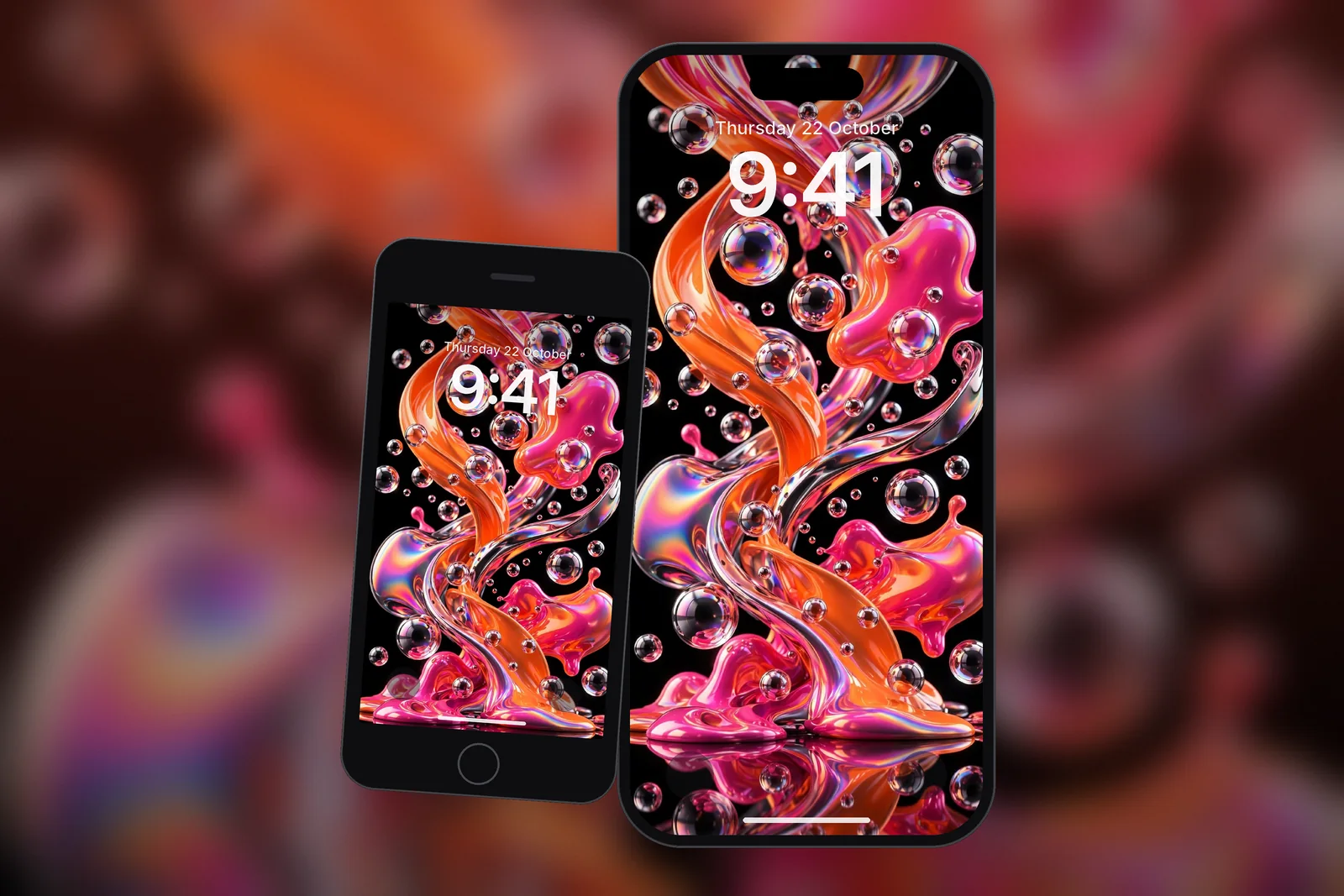 A large and a small iPhone showing the Orange Pink Holographic Chrome Bubbles wallpaper, each cut to its own screen size