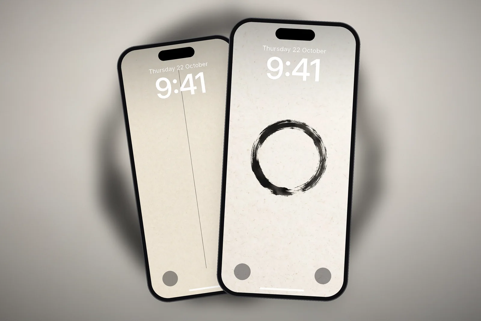 A phone Lock Screen showing the Zen Enso Brush Circle on Textured Rice Paper wallpaper, with a second phone showing the Minimalist Vertical Fine Line on Cream Paper wallpaper behind it