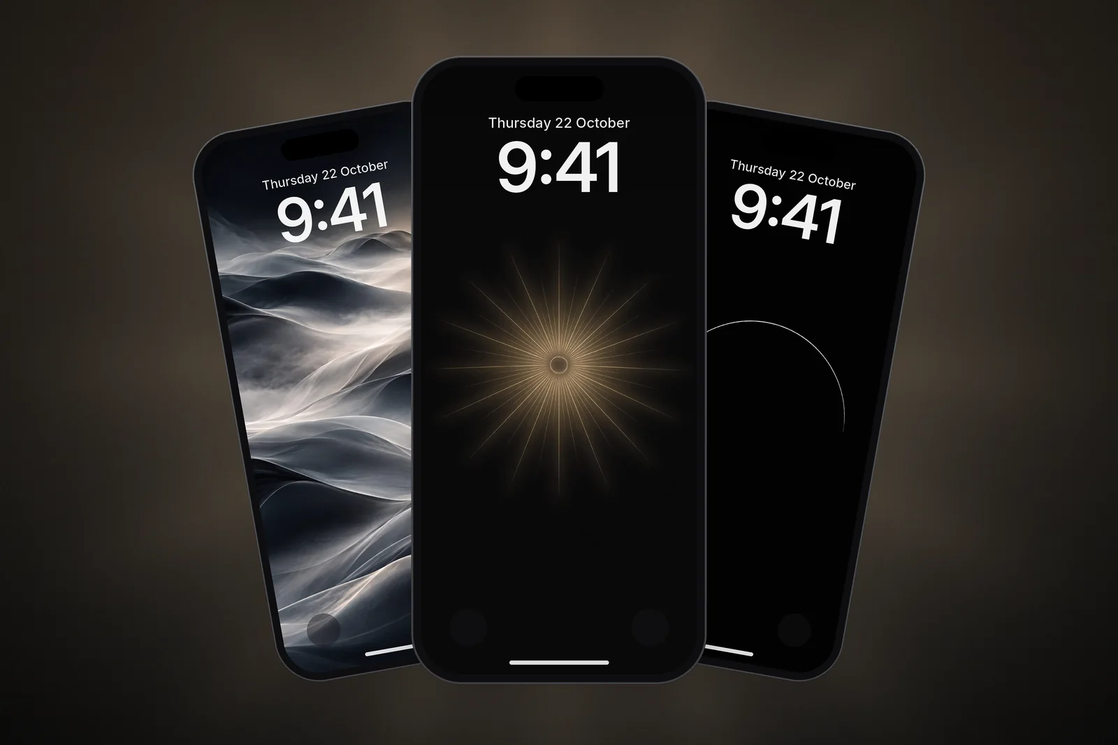 Three phones showing the Minimal Zen Sun, Minimal Fog and Pure Black OLED Minimal Arch wallpapers