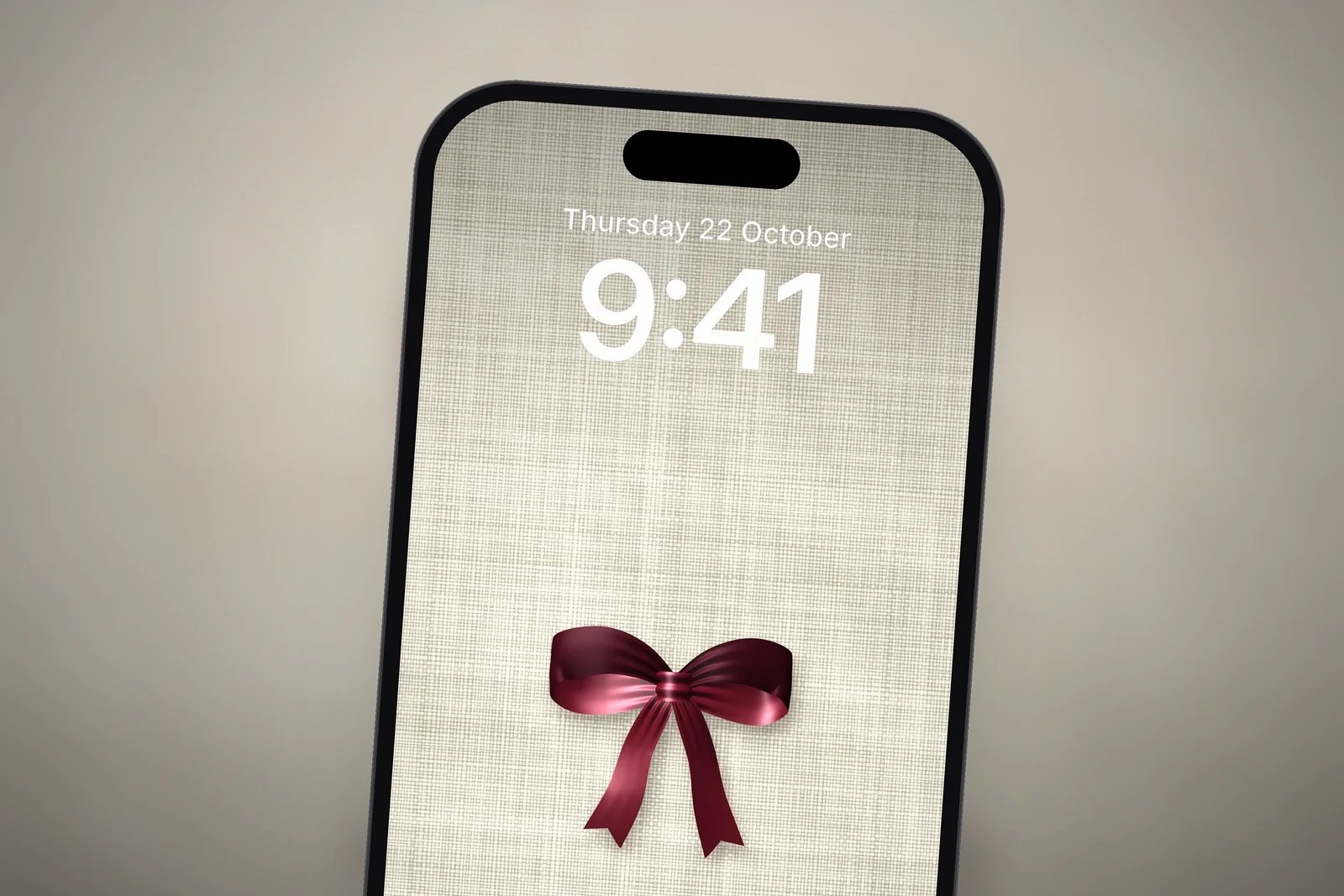 Burgundy Bow on Linen below the Lock Screen clock